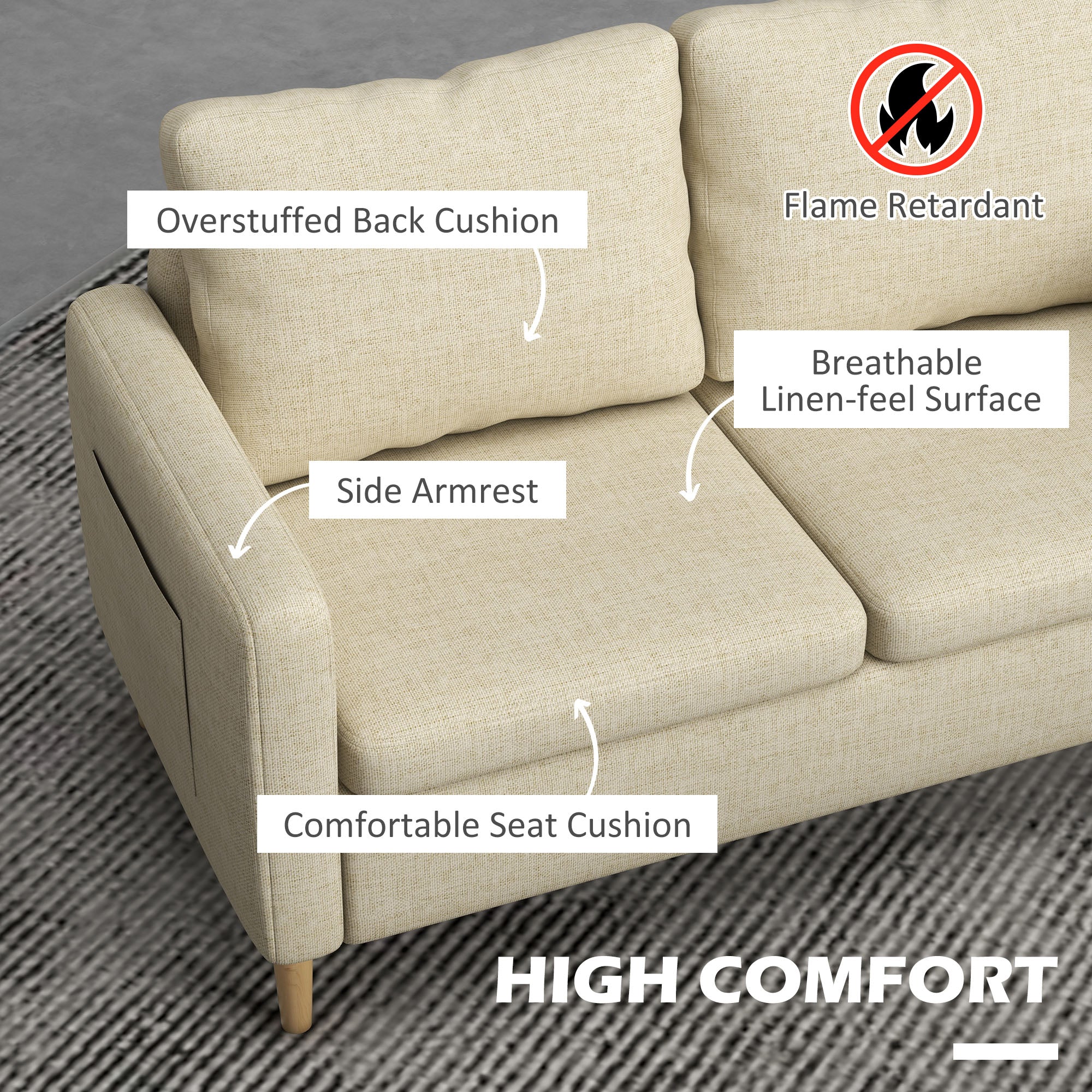 HOMCOM Two Seater Sofa for Living Room, Modern Fabric Couch with Wood Legs and 2 Pockets for Bedroom and Home Office, Beige - North Peak Garden Furniture