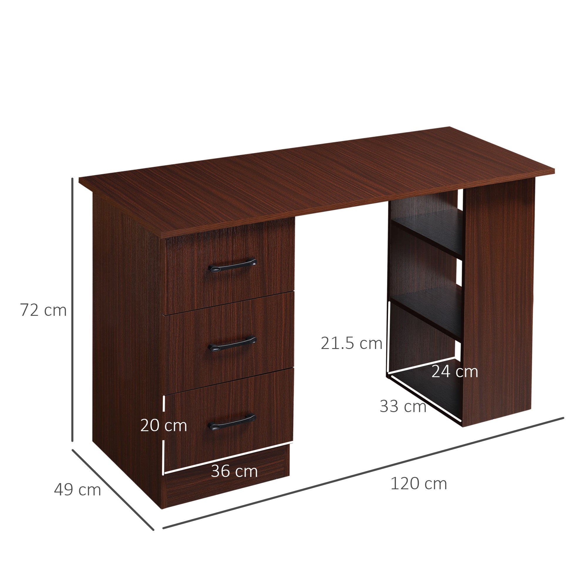 HOMCOM Computer Desk, Writing Table, PC Workstation with 3 Storage Shelves and Drawers, Black Handle, for Home Office, Walnut Brown - North Peak Garden Furniture