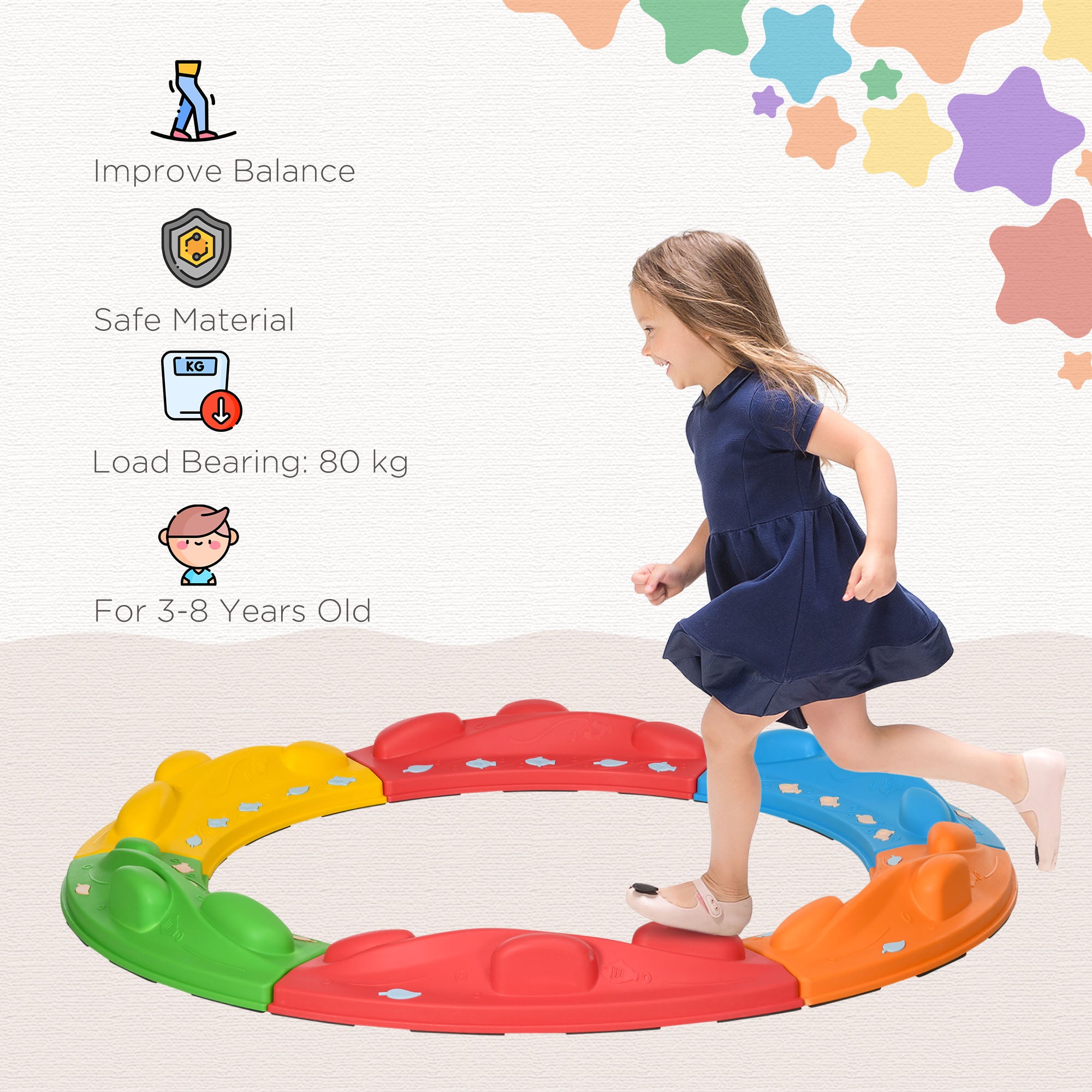 ZONEKIZ Kids Balance Beam, Kids 6 Pieces Stepping Stones Obstacle Course, for Ages 3-8 Years - Multicoloured - North Peak Garden Furniture