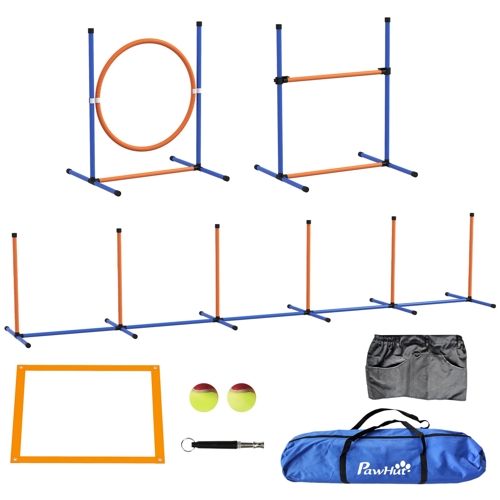 PawHut Eight-Piece Dog Agility Equipment Set with Weave Poles, Jump Ring, Hurdle, Pause Box, Training Shorts, Bag, Orange - North Peak Garden Furniture