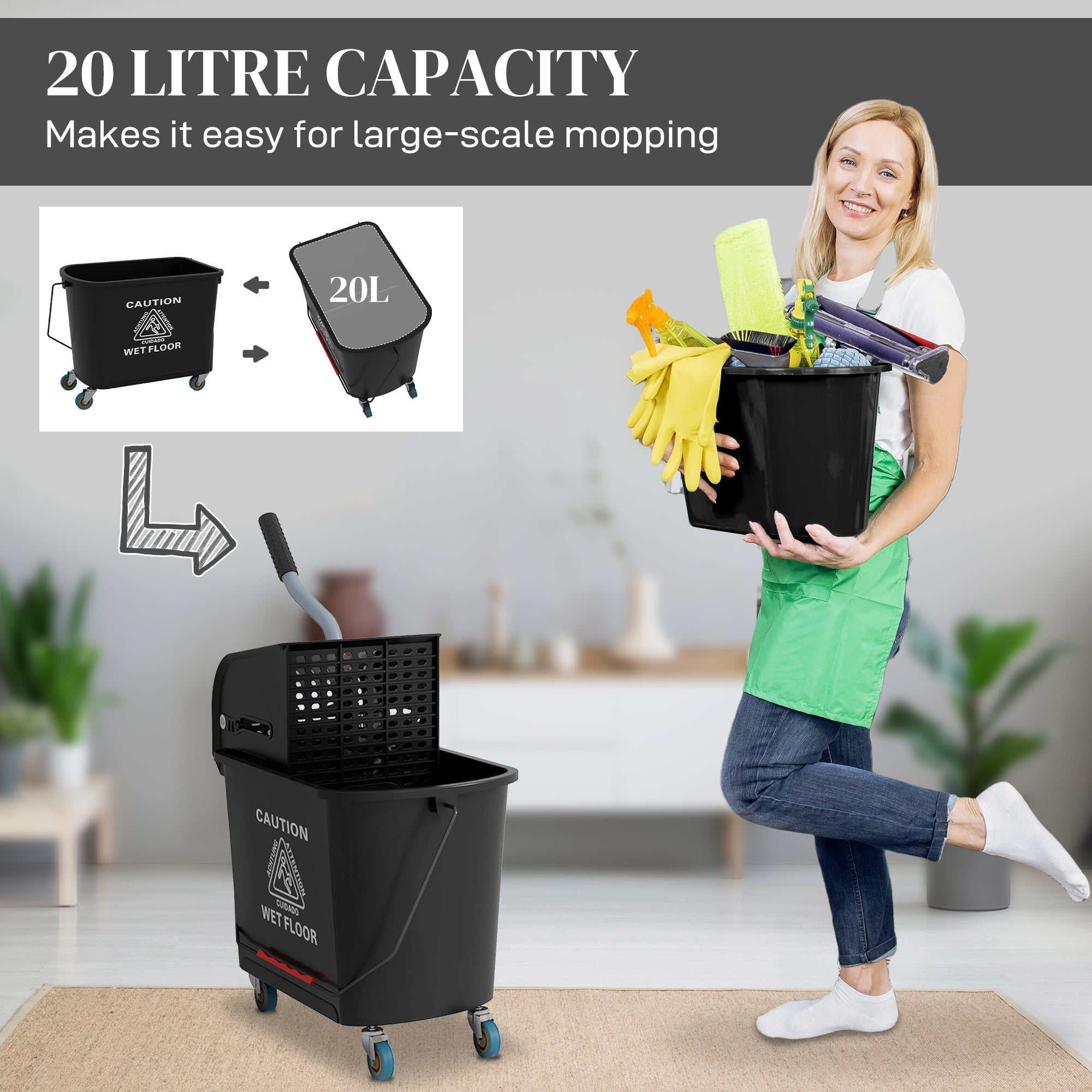 HOMCOM 20L Mop Bucket on Wheels, with Water Separation Panel - Black - North Peak Garden Furniture