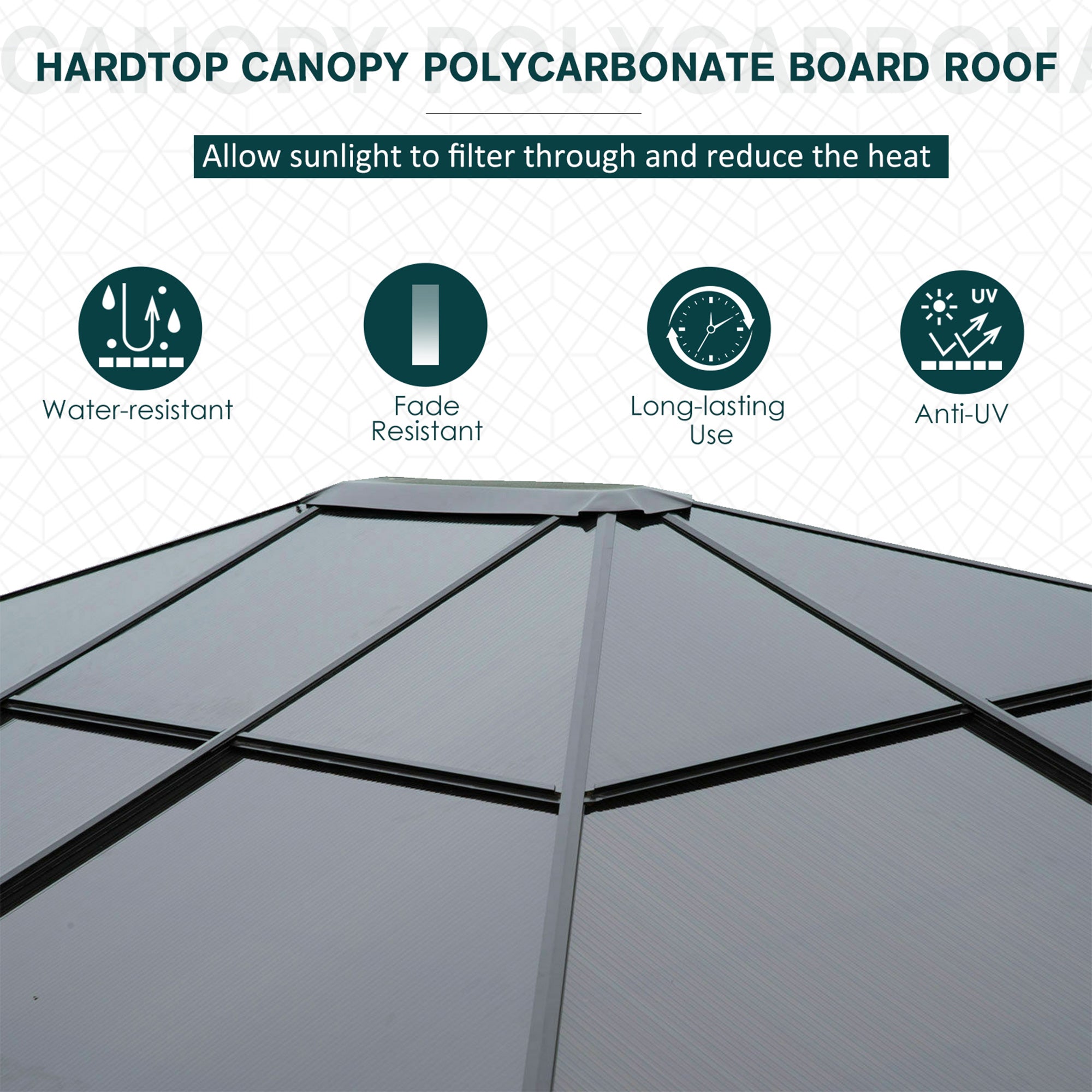 Outsunny 3 x 3.6m Polycarbonate Hardtop Gazebo with LED Solar Light and Aluminium Frame, Garden Pavilion with Mosquito Netting and Curtains - North Peak Garden Furniture