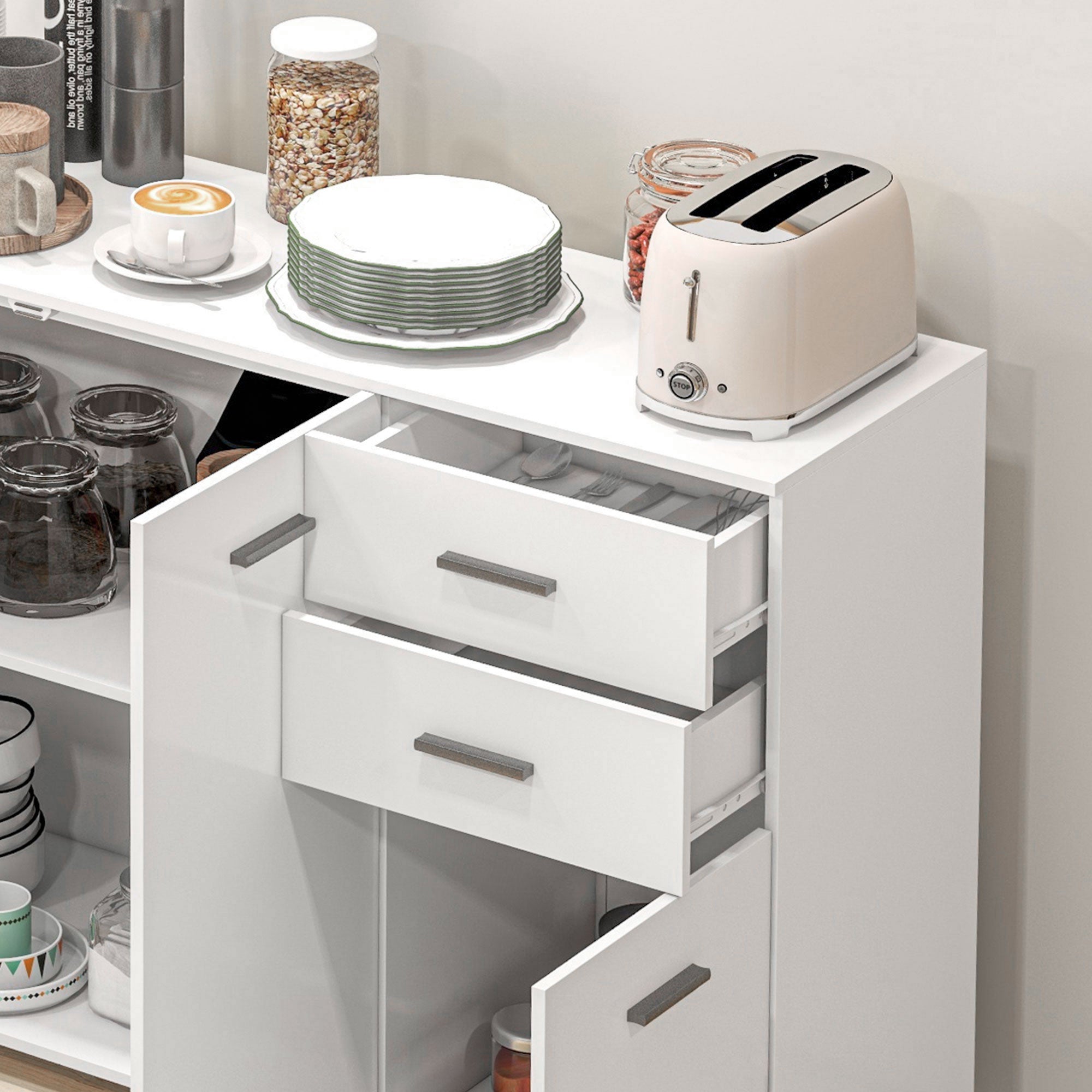 HOMCOM Sideboard, Modern Storage Cabinet with 2 Drawers, 3 Doors and Adjustable Shelves, Kitchen Cabinet for Living Room, Dining Room, High Gloss White - North Peak Garden Furniture
