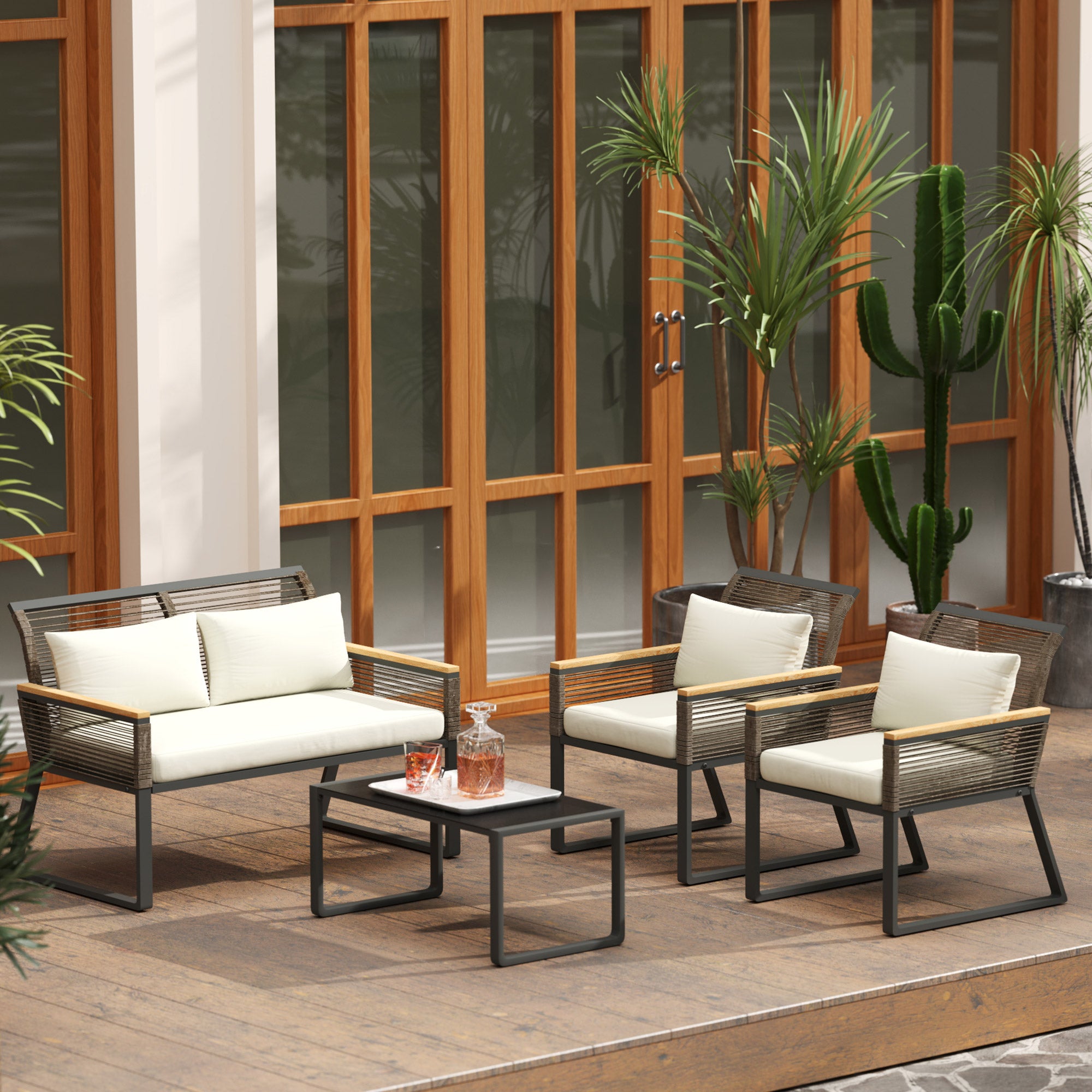 Outsunny Four Piece Wicker Rope Garden Furniture Set with Glass Top Coffee Table - Grey - North Peak Garden Furniture