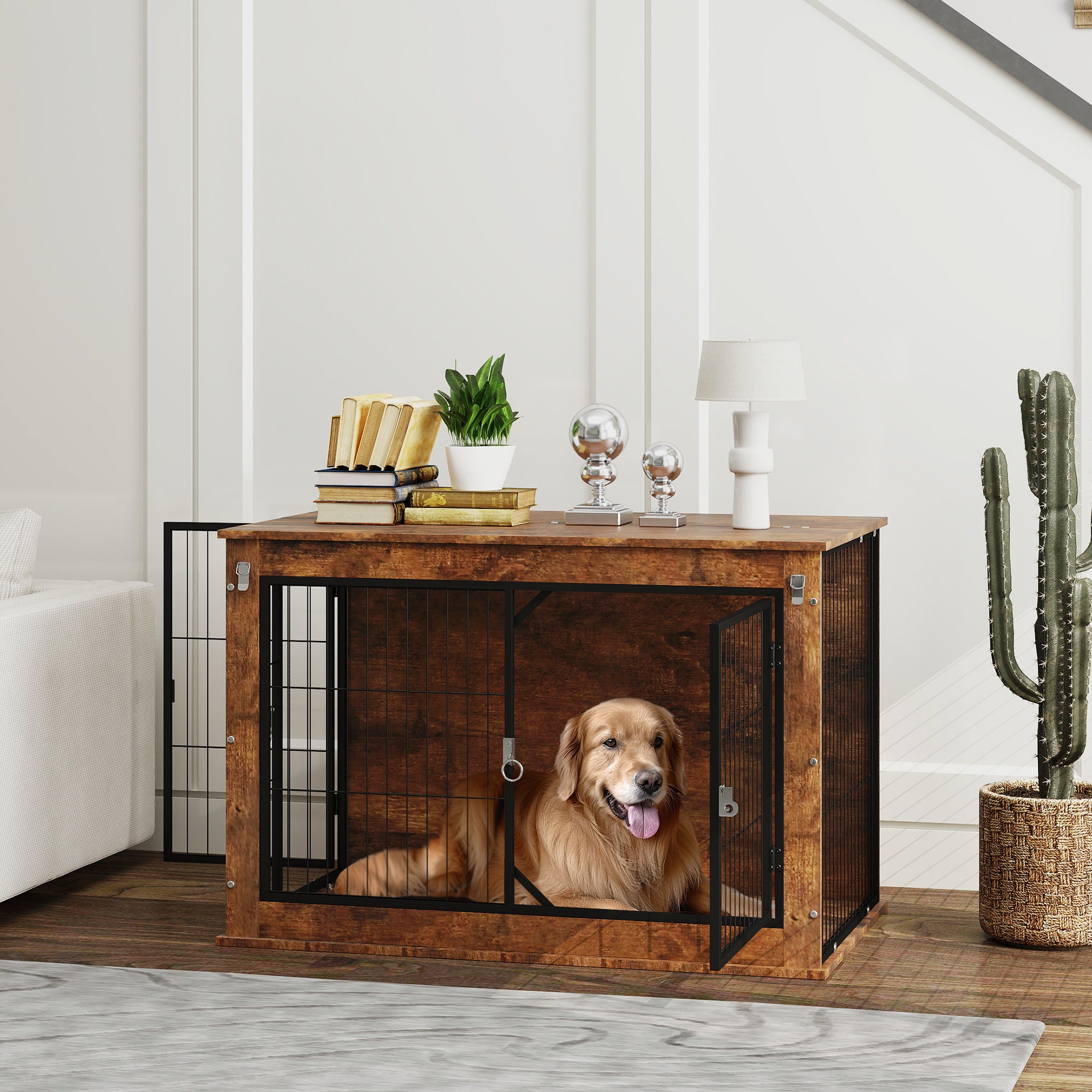 PawHut Dog Crate Furniture with Flip-up Top, 2 Doors, for Large Dogs, 98 x 60 x 65.5cm, Rustic Brown