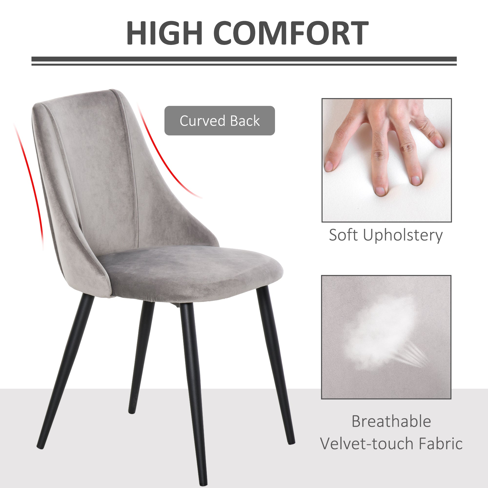 HOMCOM Dining Chairs Set of 2, Modern Upholstered Velvet-Touch Fabric Accent High Back Chairs with Metal Legs for Kitchen, Grey - North Peak Garden Furniture