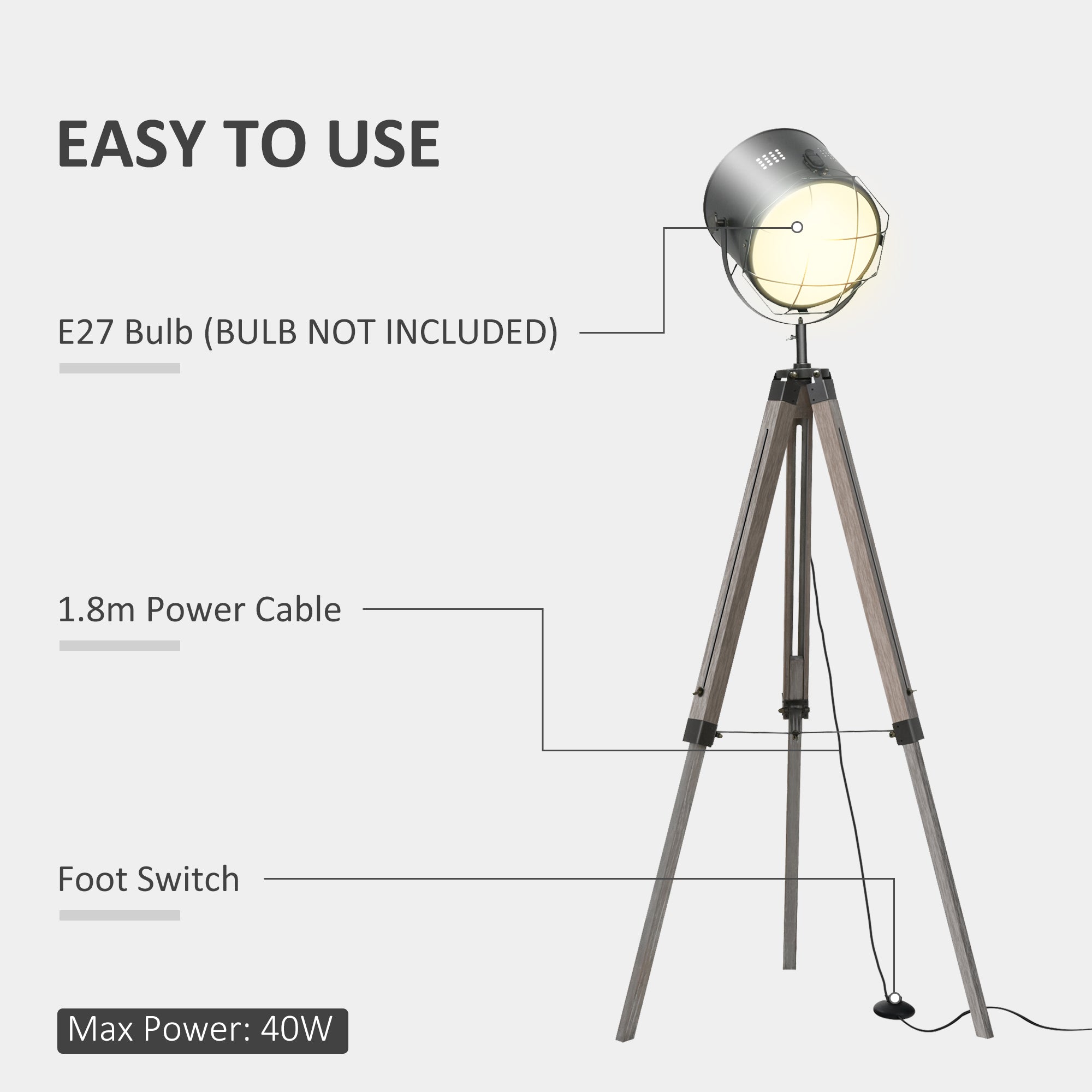 HOMCOM Industrial Style Adjustable Tripod Floor Lamp for Living Room Bedroom, Vintage Spotlight Reading Lamp with Wood Legs, 115-155cm, Grey - North Peak Garden Furniture