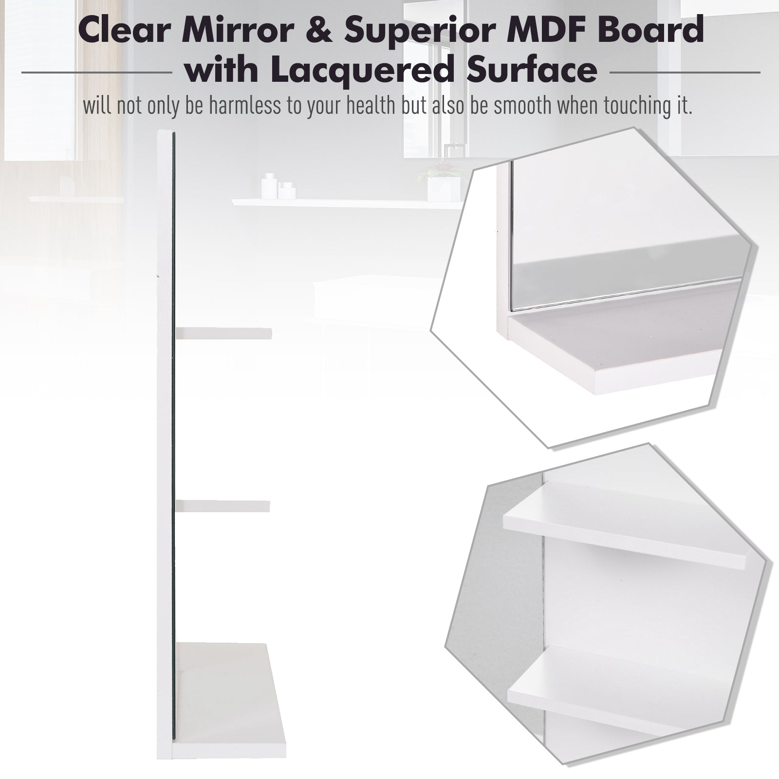 kleankin Modern Bathroom Mirror, Wall-mounted Vanity Mirror with 3 Tiers Storage Shelves for Make Up, White - North Peak Garden Furniture