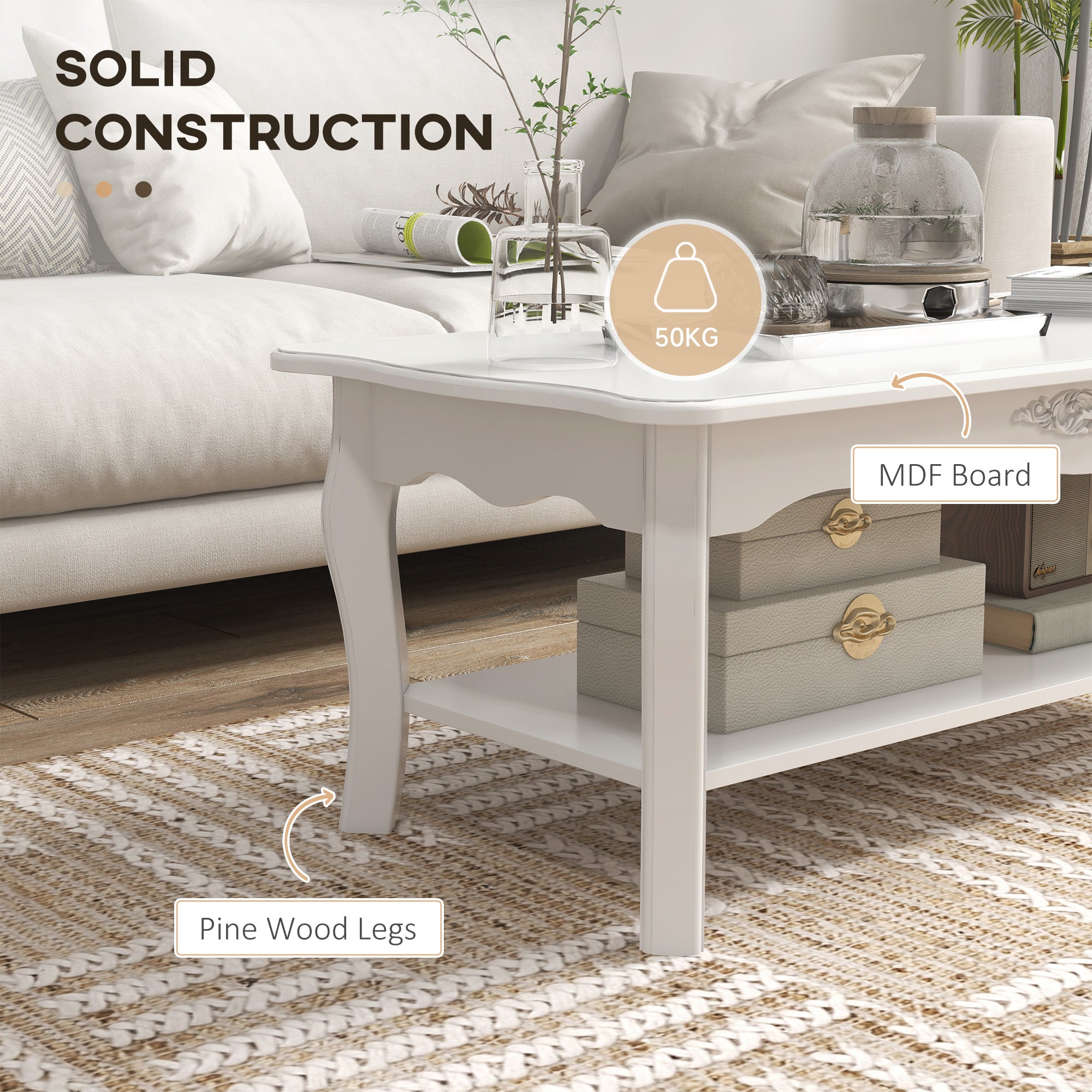 HOMCOM White Coffee Table Wood Cocktail Tea Centre Table with Storage Shelf for Living Room Reception Room, 94L x 44W x 42H cm - North Peak Garden Furniture