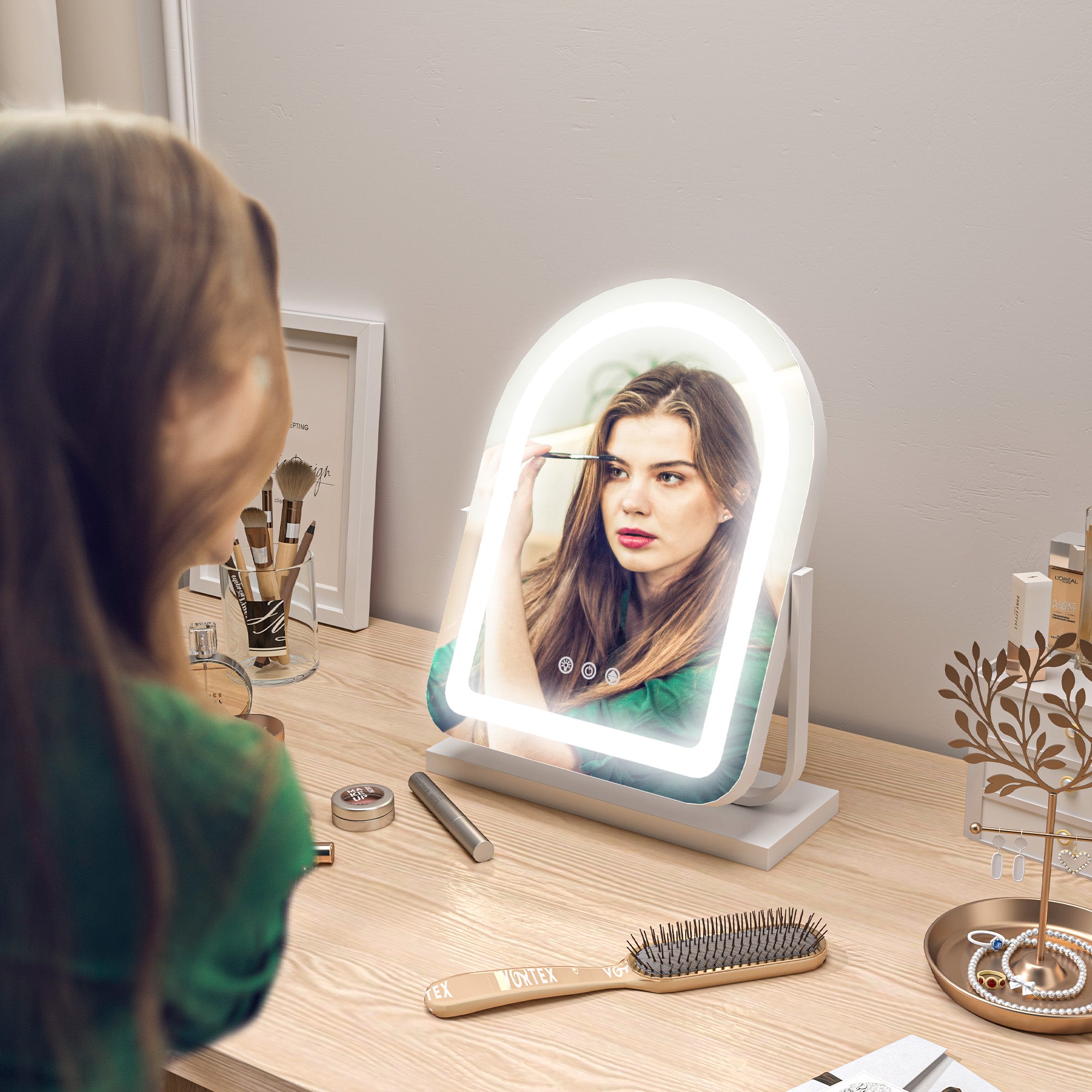 HOMCOM LED Vanity Mirror with Lights, 33 x 44.5cm Lighted Makeup Mirror with 3 Colour, 360° Rotation, Touch Screen, for Bedroom and Dressing Room, White - North Peak Garden Furniture