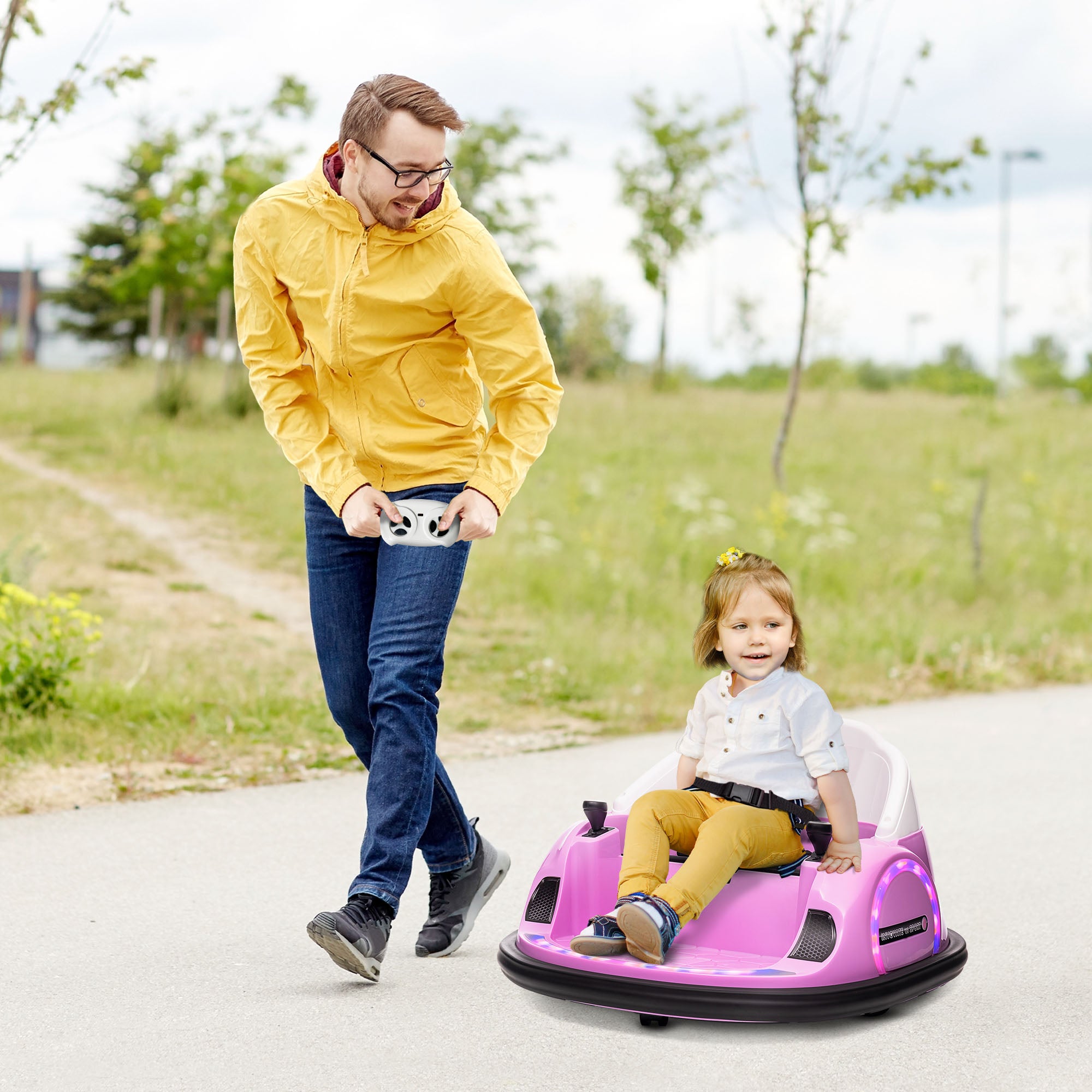 AIYAPLAY 360° Rotation Kids Bumper Car, 12V Waltz Car with Remote Control, Dual Joystick, Music, Lights, Pink