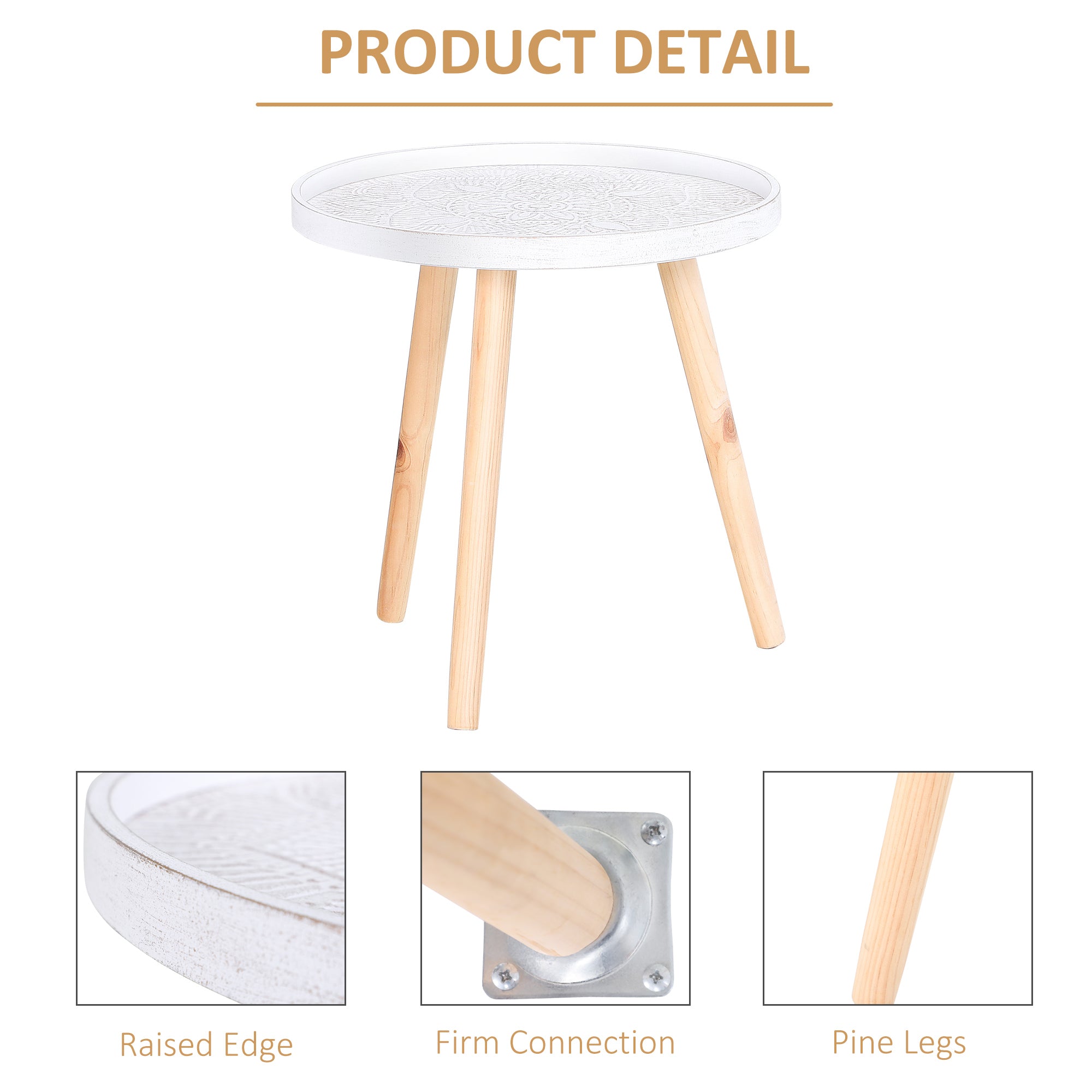 HOMCOM Coffee Table, Carved Floral Round Table with Tray-style Top and Wood Legs, Modern Side Table for Living Room, Set of 2, White - North Peak Garden Furniture