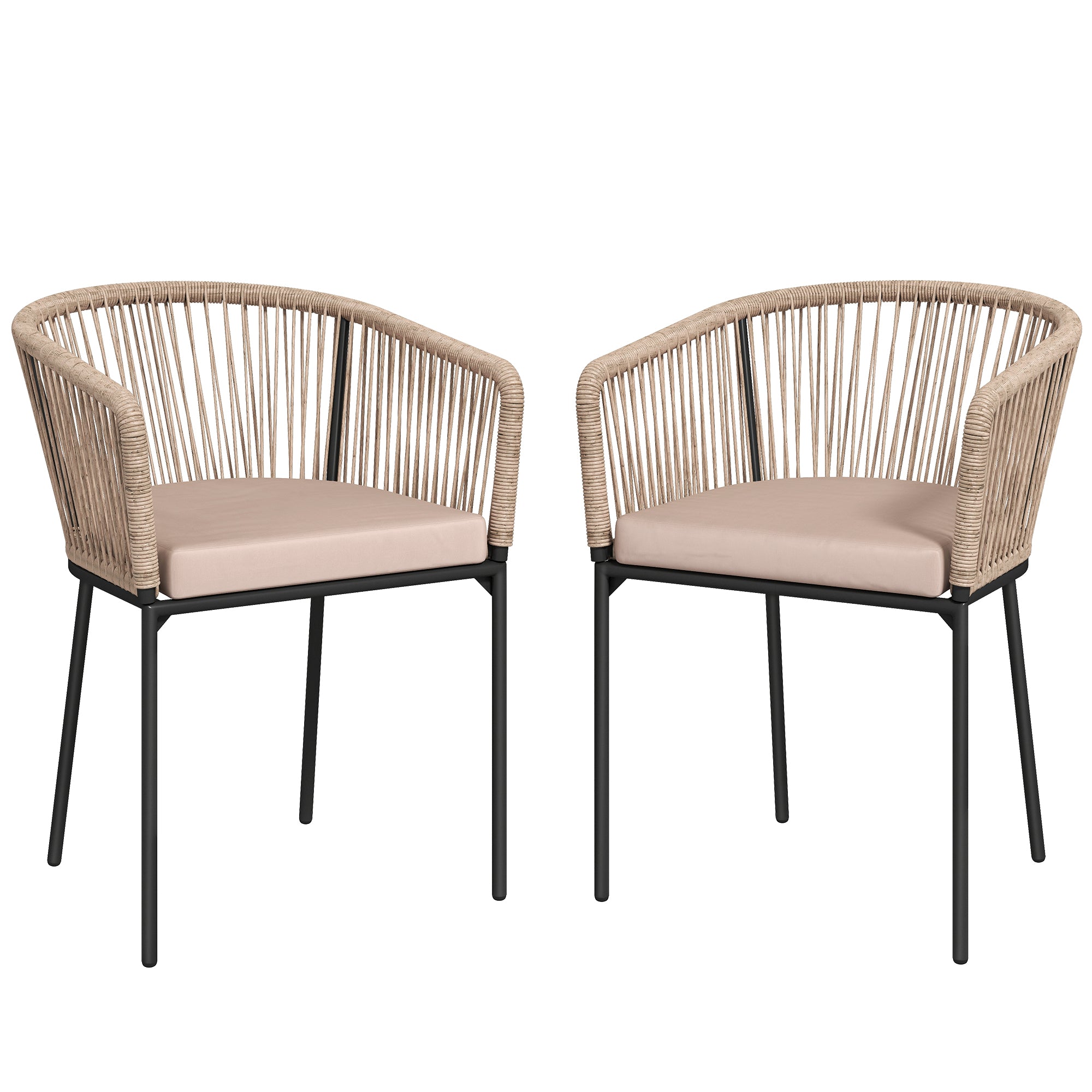 Outsunny Garden Chairs Set of 2, Rattan Garden Dining Chairs with String Back Armrests, Cushions, Natural Wood Finish