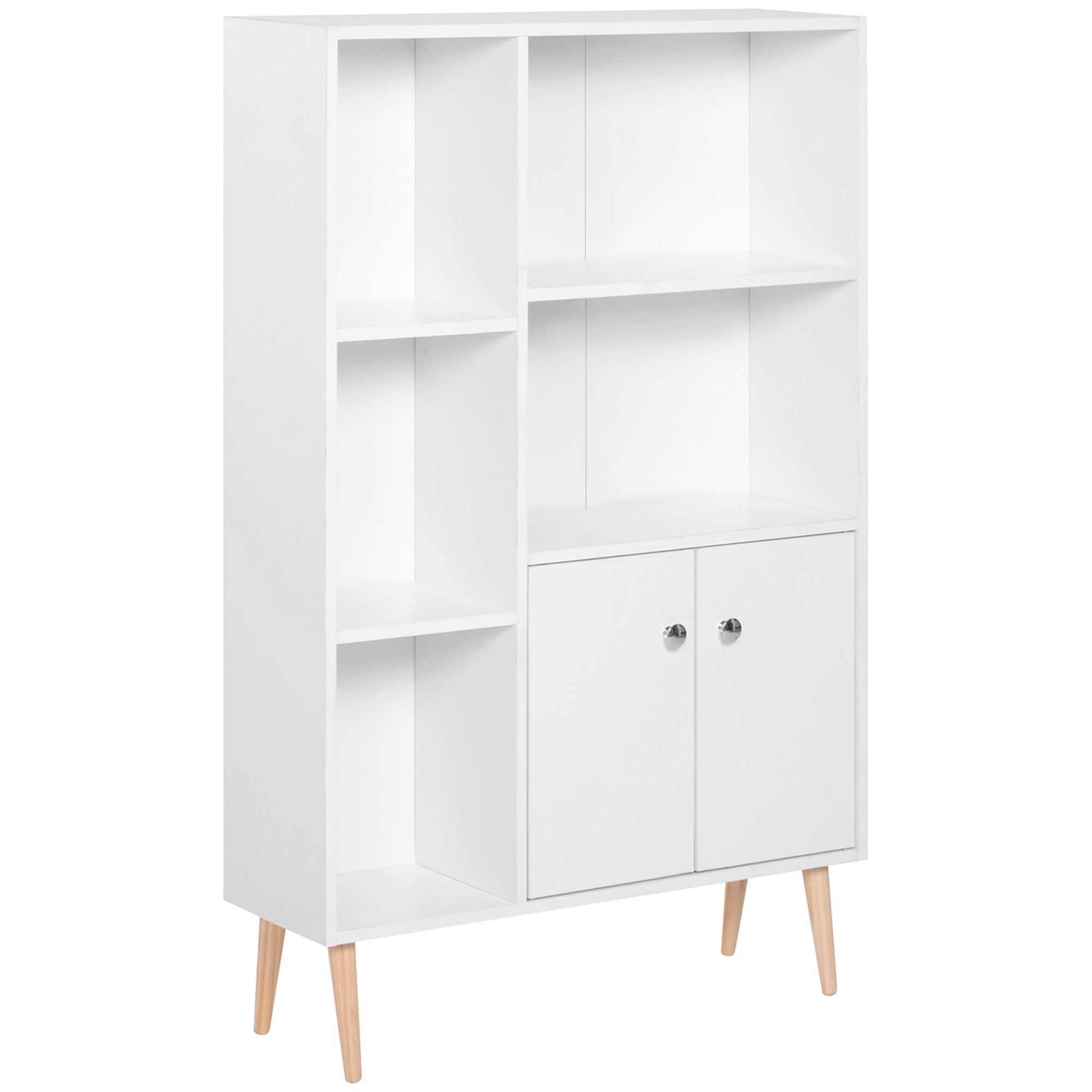 HOMCOM Sideboard Storage Cabinet Cupboard, Open Bookcase with 2 Doors 5 Compartments Wooden Modern Style for Living Room Bedroom Kitchen 80 x 23 x 123 cm, White