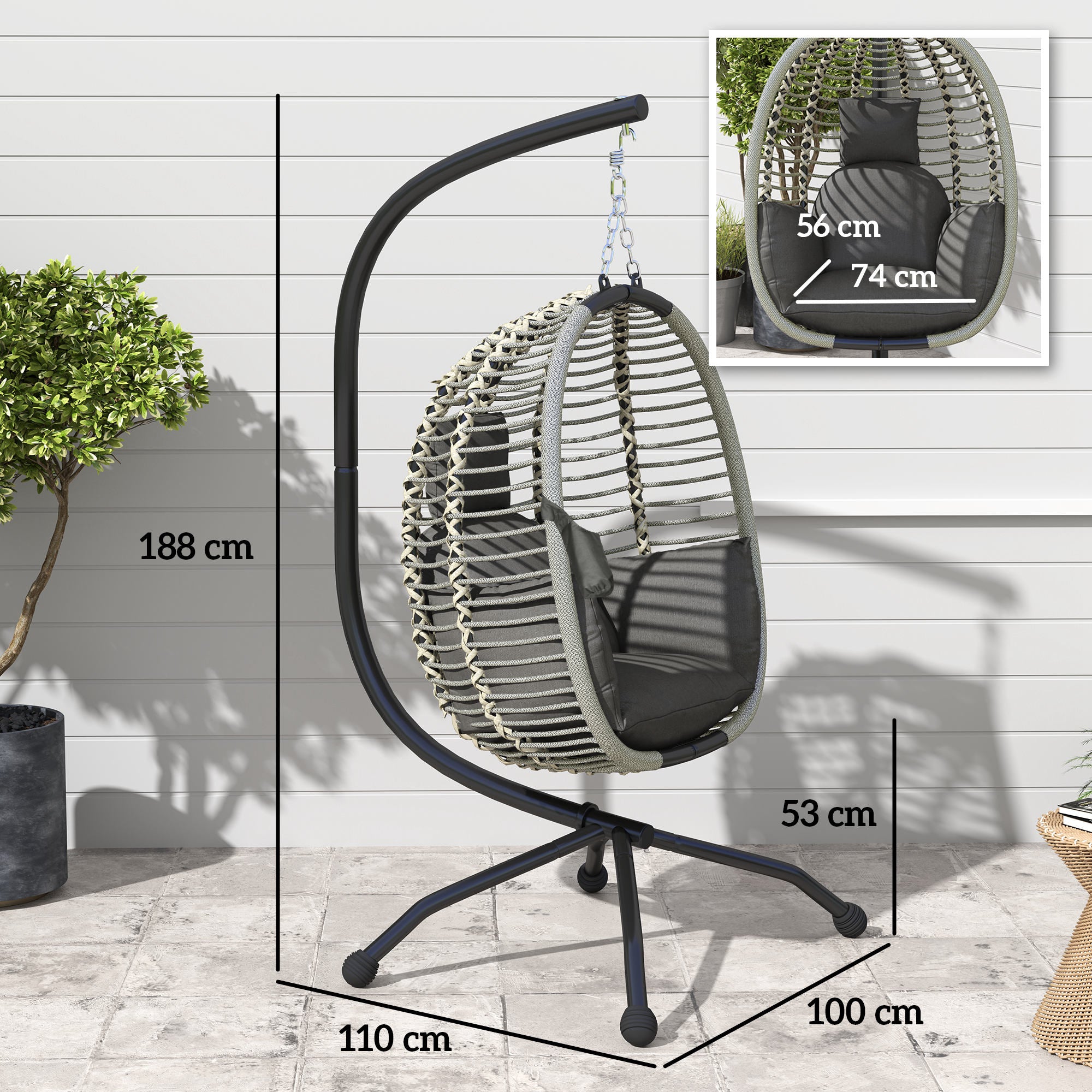 Outsunny Outdoor Swing Chair with Thick Padded Cushion, Patio Hanging Chair with Metal Stand, Foldable Basket, Cup Holder, Rope Structure, for Indoor & Outdoor, Dark Grey