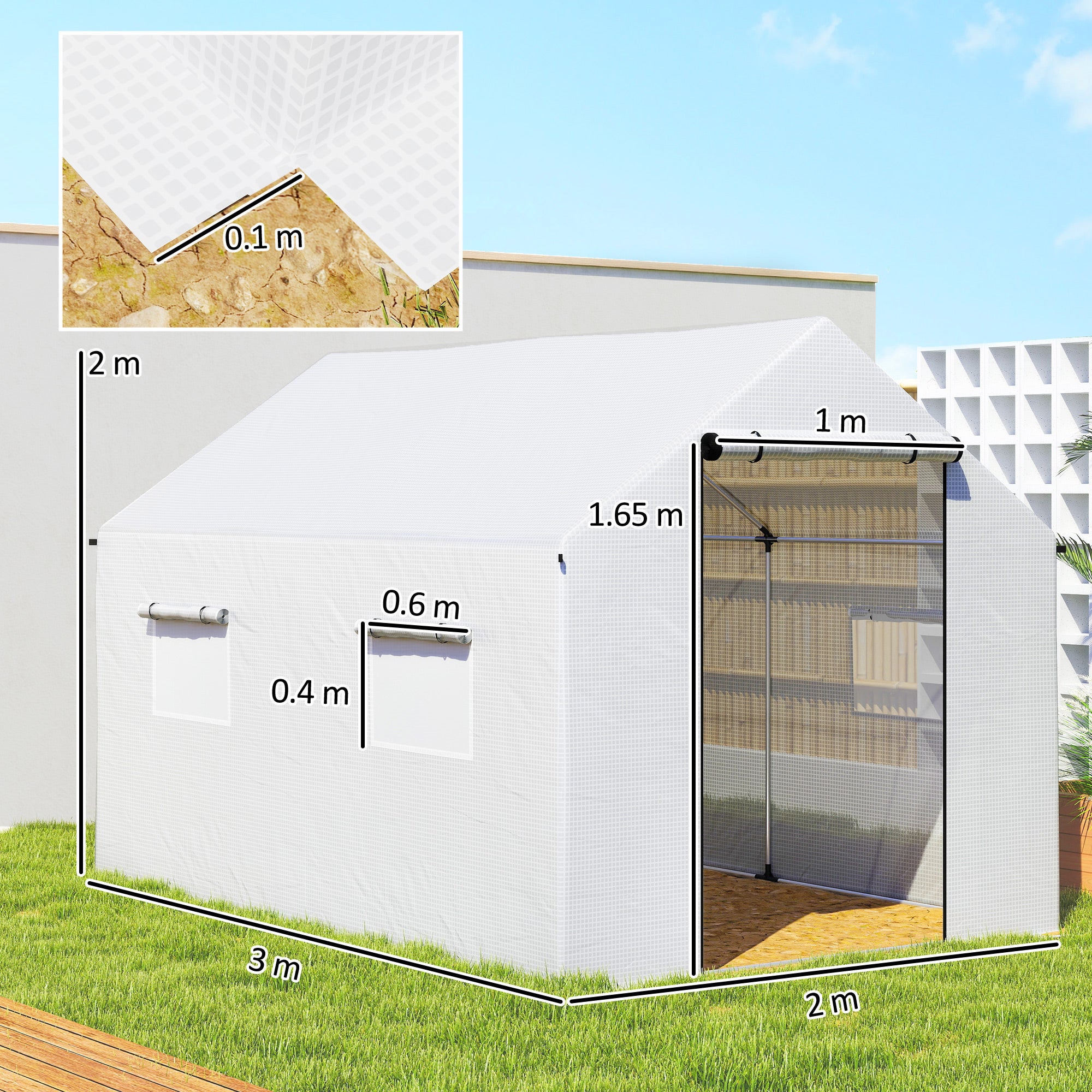 Outsunny Polyethylene Walk-in Polytunnel Greenhouse, 2 x 3(m), White