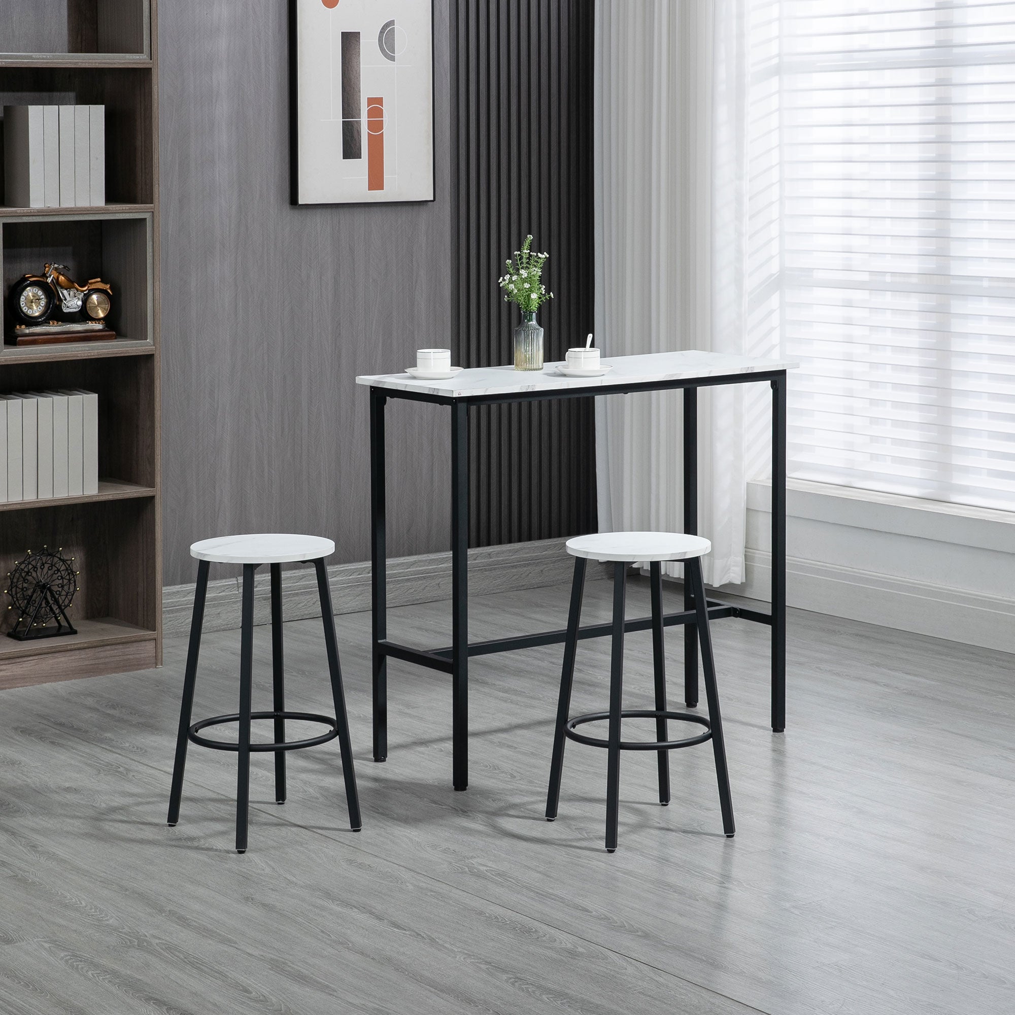 HOMCOM Three-Piece Marble-Effect Bar Table Set - White/Black - North Peak Garden Furniture