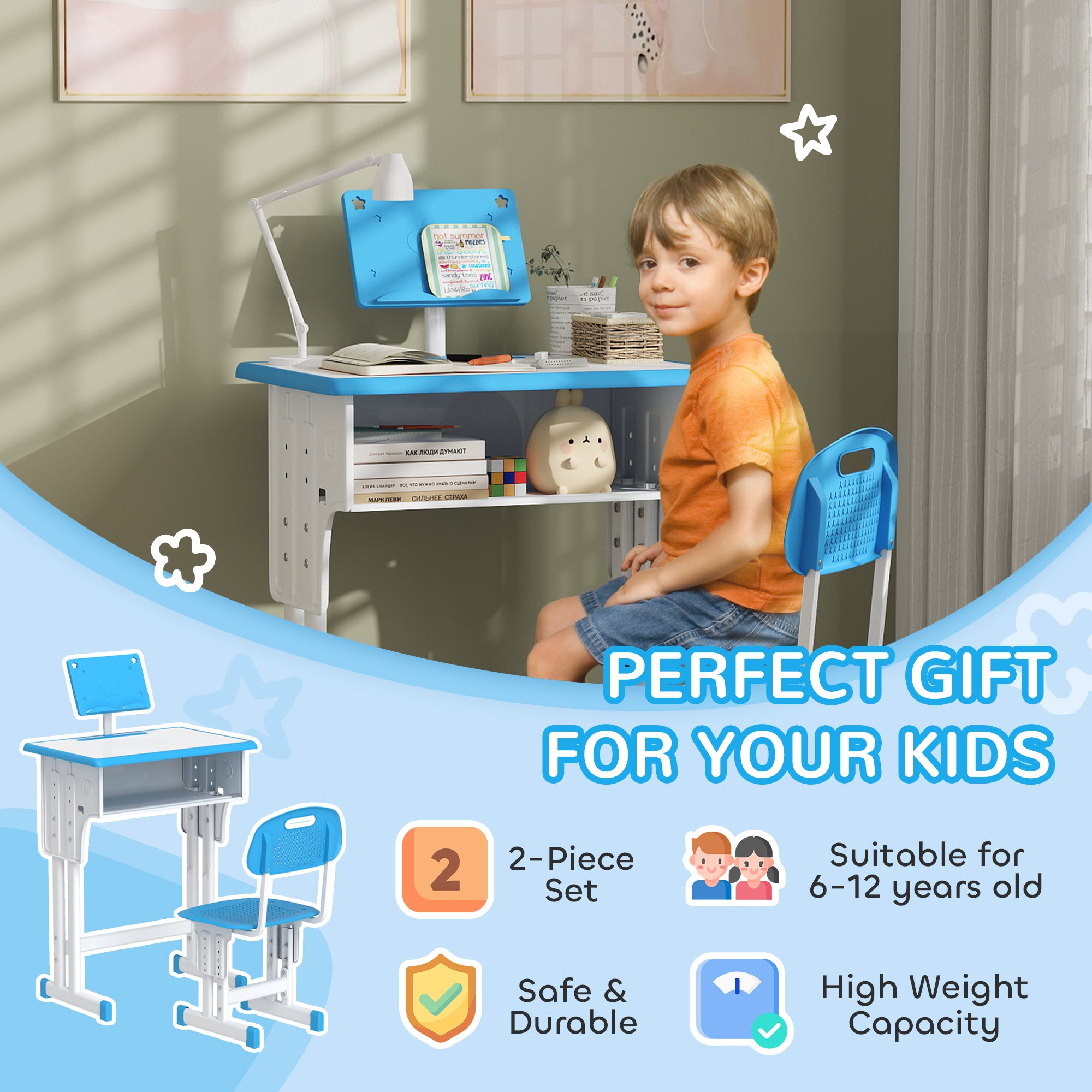 HOMCOM Kids Adjustable Desk and Chair Set, Book Stand, Pen Slot - Blue - North Peak Garden Furniture