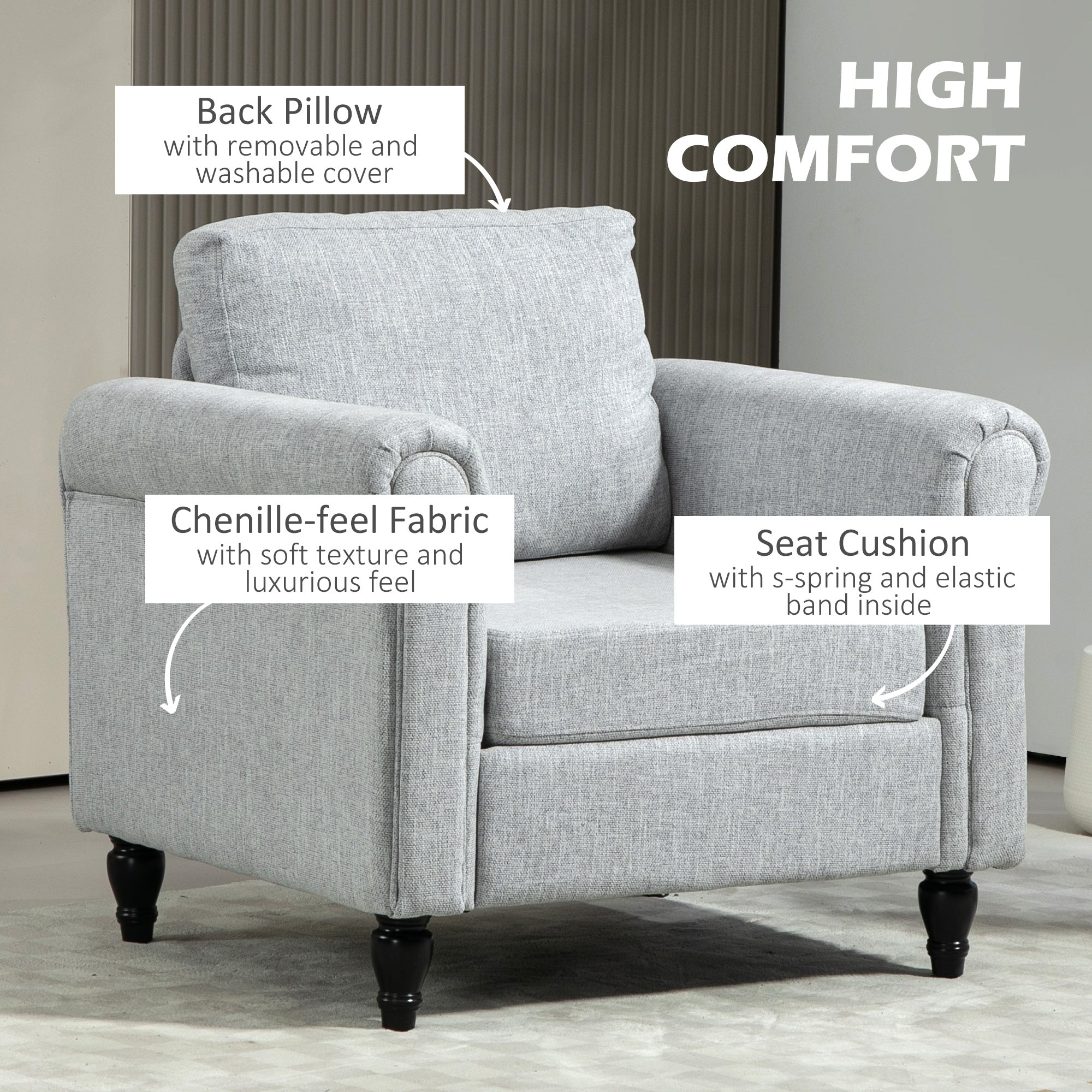 HOMCOM Vintage Accent Chair, Upholstered Occasional Chair with Back Pillow, Rolled Arms, Rubber Wood Legs, Light Grey - North Peak Garden Furniture