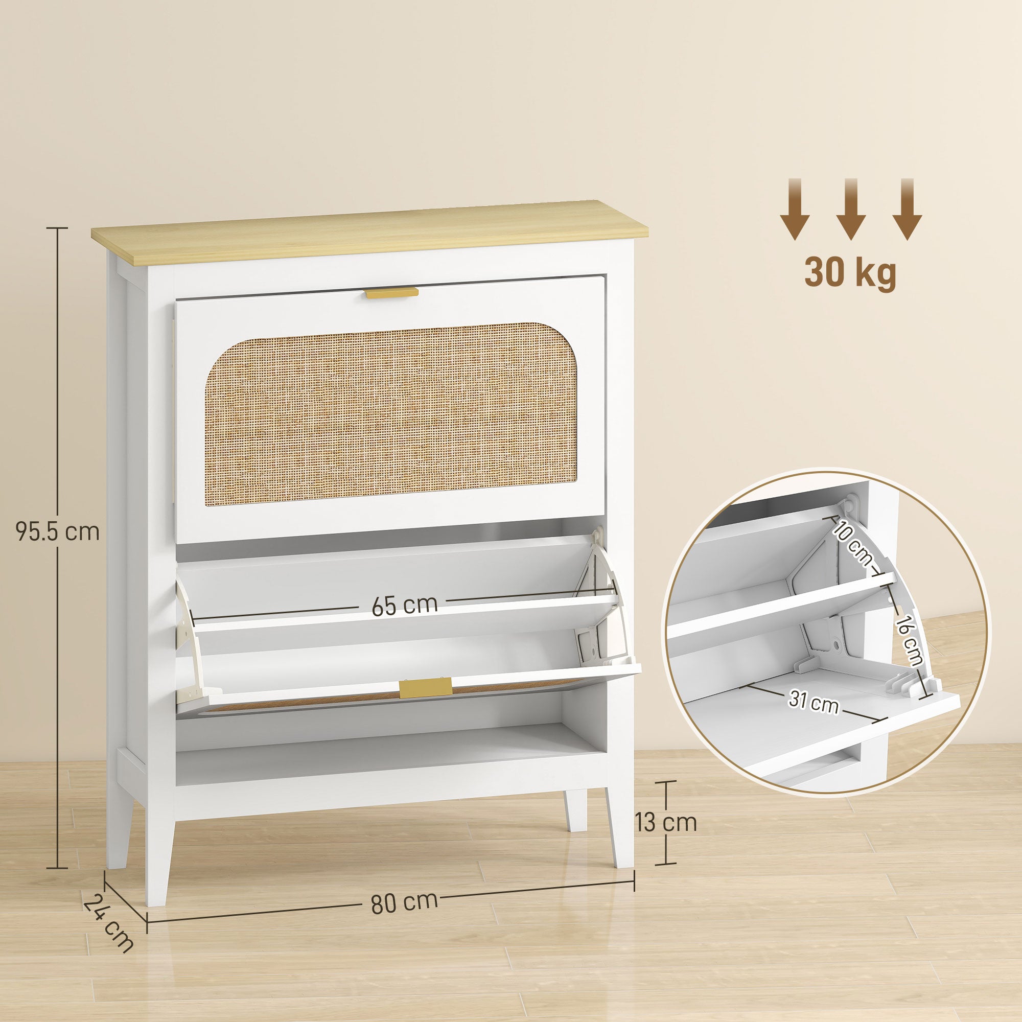 HOMCOM Narrow Shoe Cabinet, Boho Slim Shoe Storage Cabinet with 2 Flip Drawers, Holds 14 Pairs, White