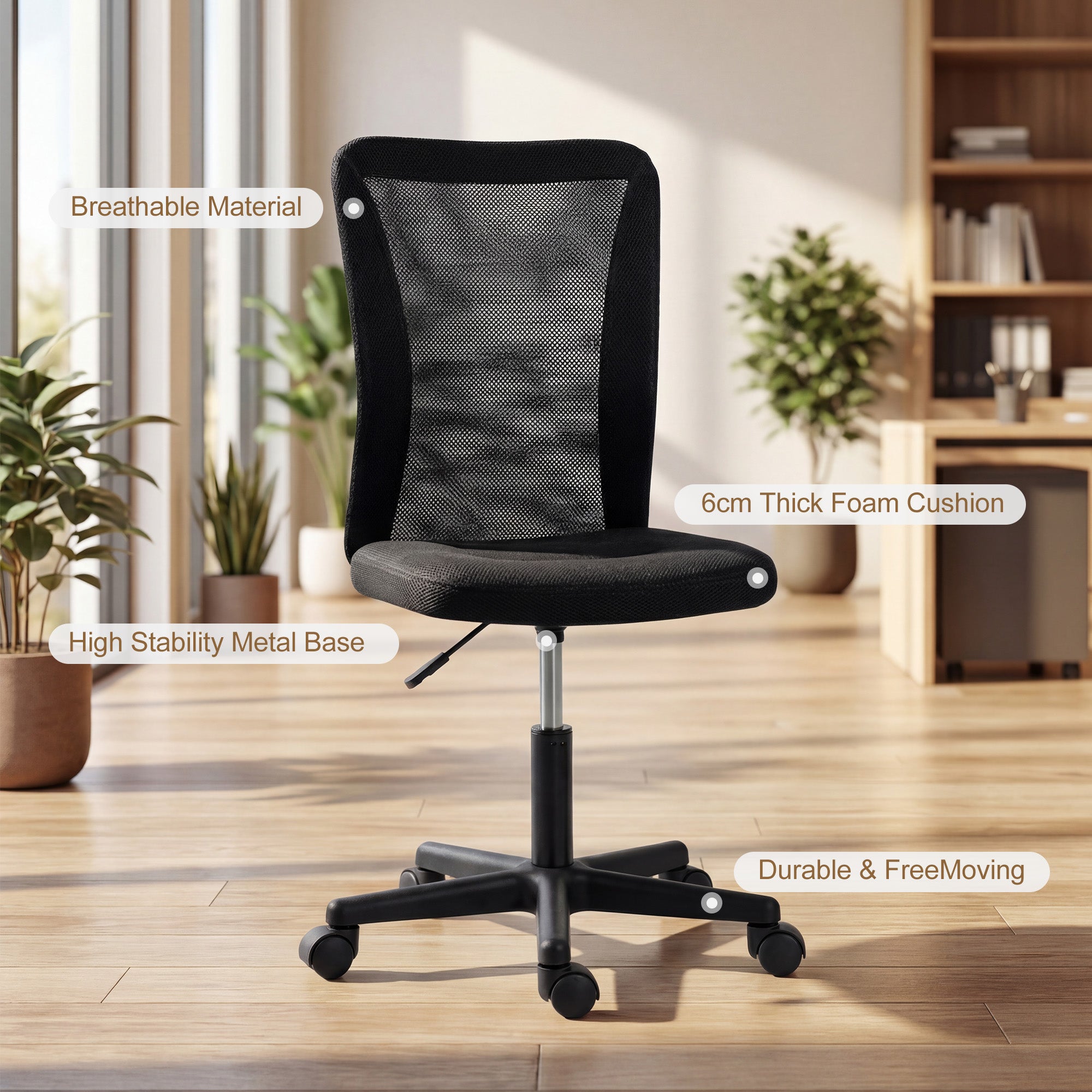 Vinsetto Computer Desk Chair, Armless Mesh Office Chair with Adjustable Height and Rolling Wheels, Black