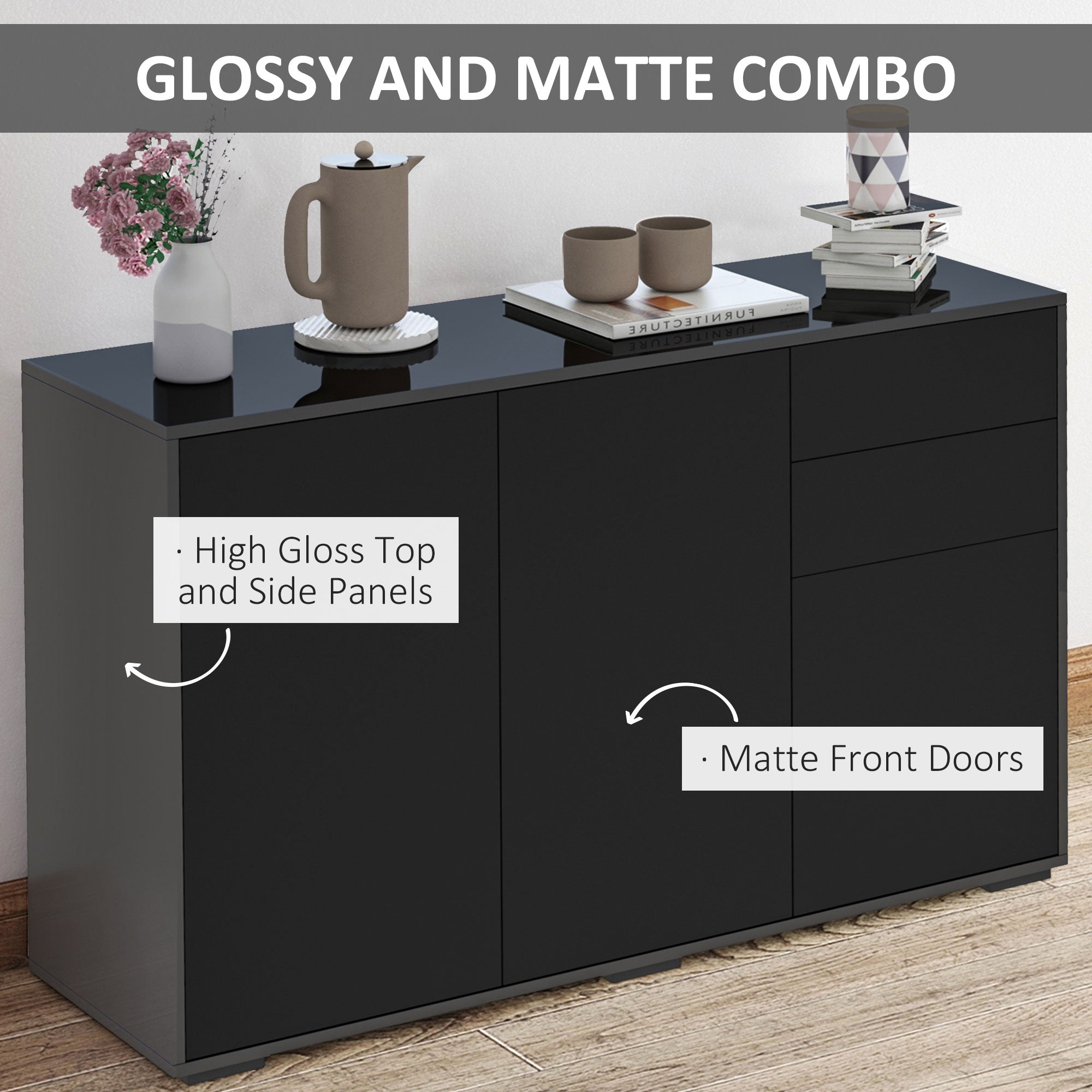 HOMCOM High Gloss Frame Sideboard, Side Cabinet, Push-Open Design with 2 Drawer for Living Room, Bedroom, Black - North Peak Garden Furniture