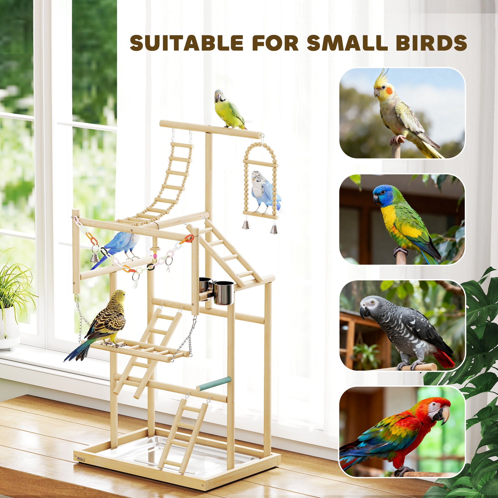 PawHut 95 cm Wooden Bird Playground with Ladders, Chain Toy, Stainless Steel Cups and Tray, Bird Cage Accessories, Natural