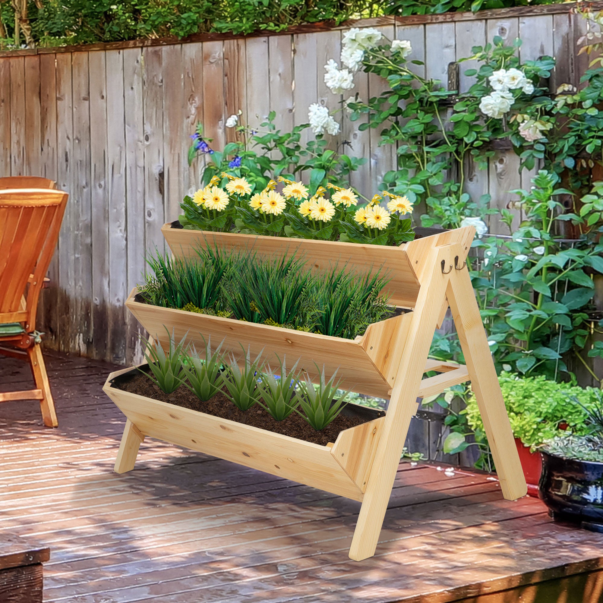 Outsunny 3 Tier Raised Beds for Garden, Wooden Planter Boxes with Clapboard and Hooks, 142L, 120 x 68 x 80cm - North Peak Garden Furniture