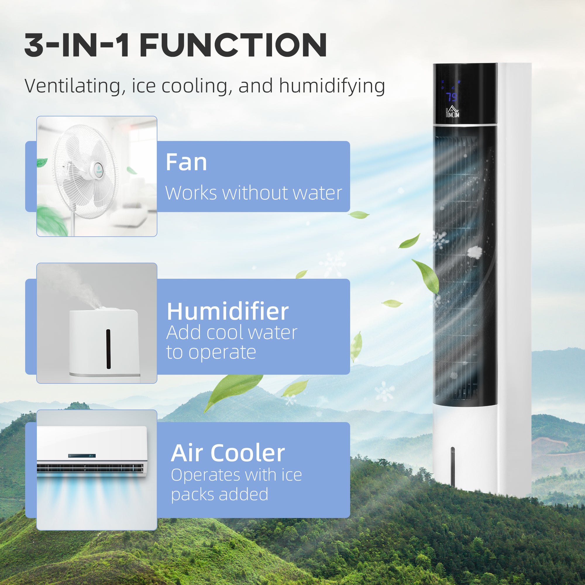 HOMCOM Portable Air Cooler, 3L Tank Evaporative Ice Cooling Tower Fan with 3 Modes, 3 Speeds, Remote, Timer, 60° Oscillating, Portable Swamp Cooler for Home Bedroom, White - North Peak Garden Furniture