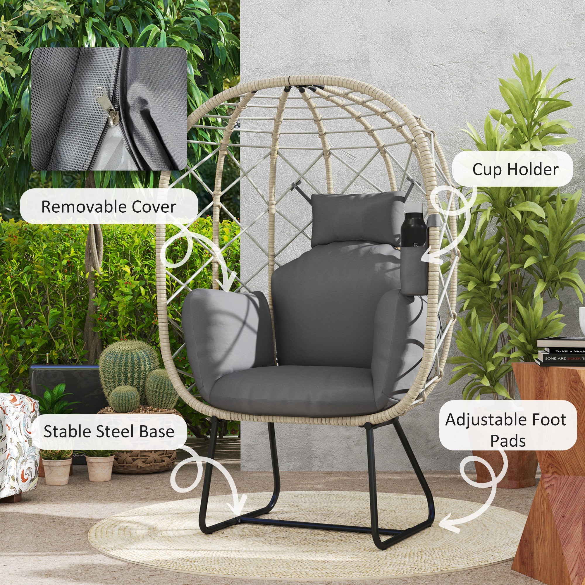 Outsunny Rattan Egg Chair Outdoor Indoor Wicker Chair with Thickened Cushion and Headrest, Standing Garden Egg Chair with Cup Holder, Metal Frame for Patio, Balcony, Grey - North Peak Garden Furniture