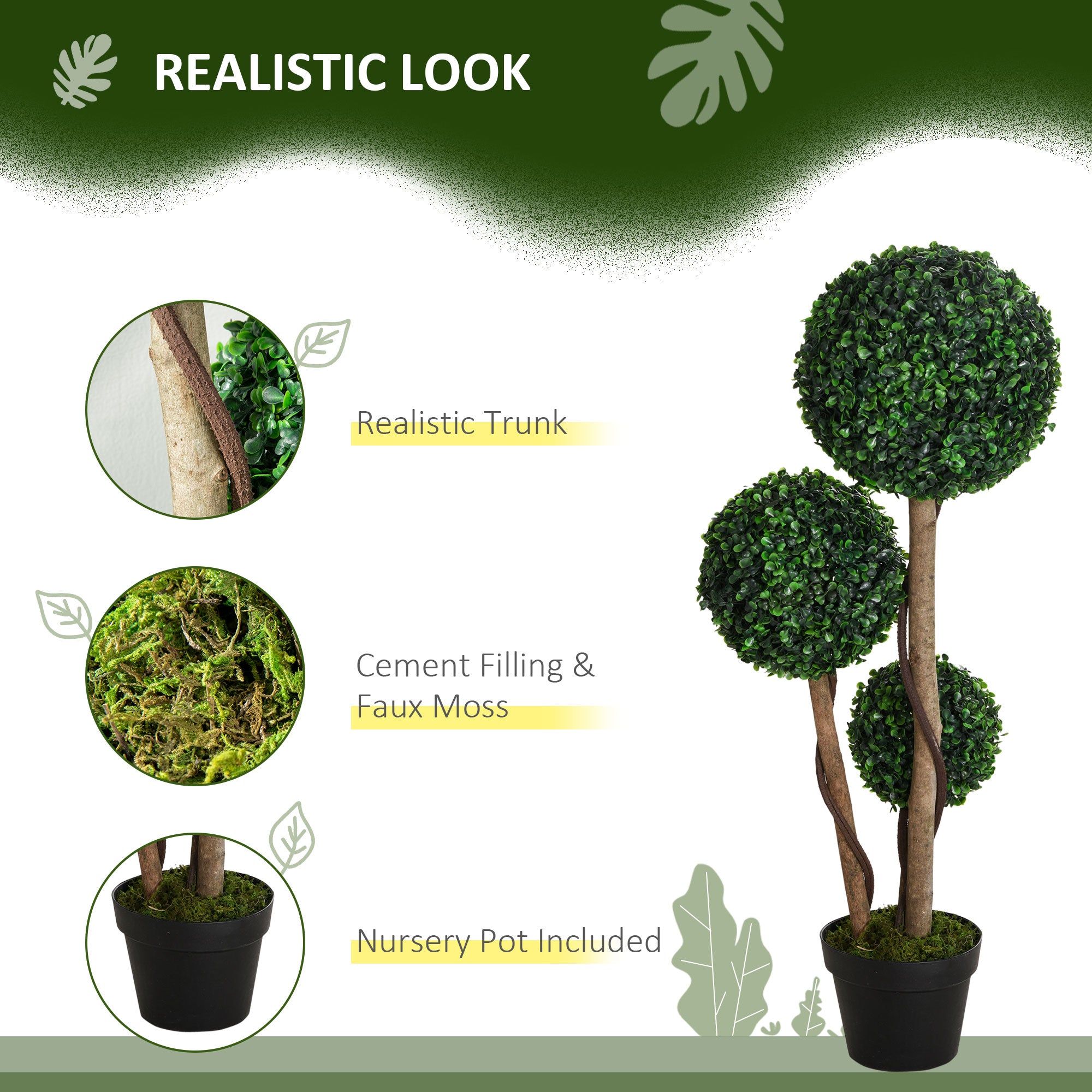 HOMCOM Decorative Artificial Plant Boxwood Ball Topiary Tree in Pot Fake Plant for Home Indoor Outdoor Decor, 90 cm, Dark Green - North Peak Garden Furniture