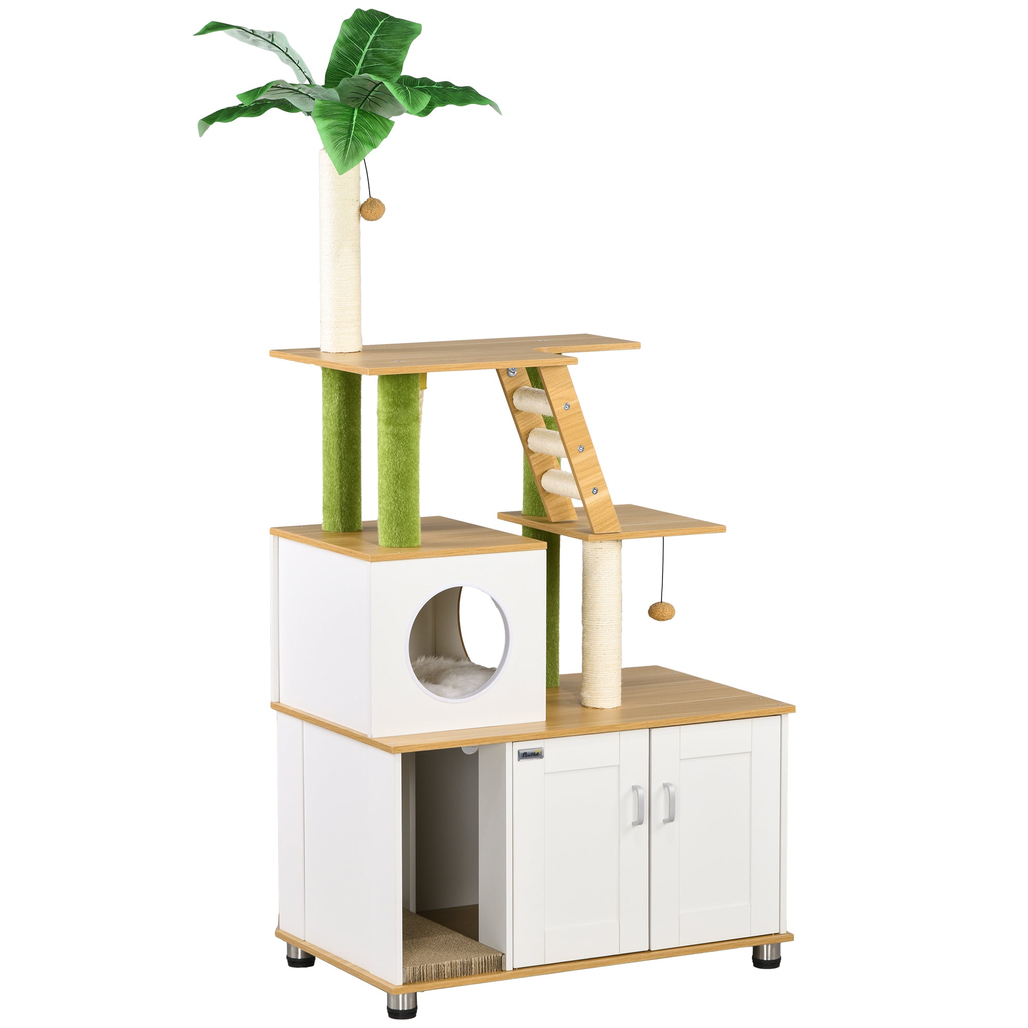 PawHut 2-in-1 Hidden Cat Litter Box, Green Leaf Cat Tree, with House, Ladder, Scratching Posts, Platforms, Indoors -Oak