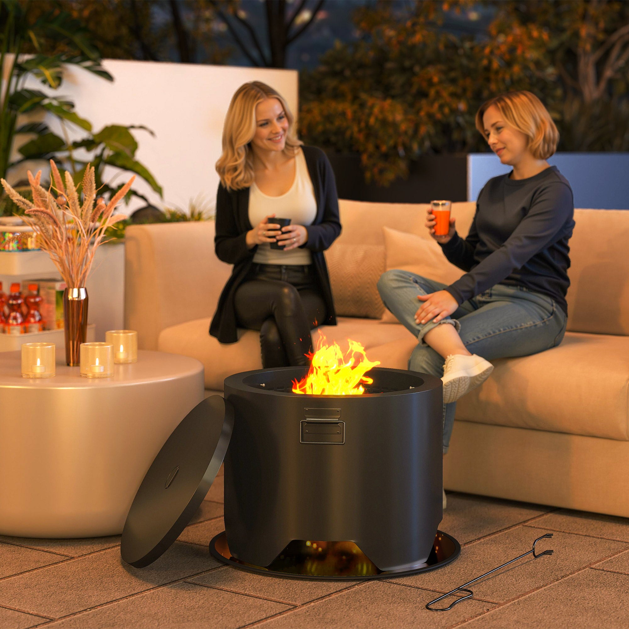 Outsunny Outdoor Round Fire Pit with Lid and Fire Poker - Black - North Peak Garden Furniture