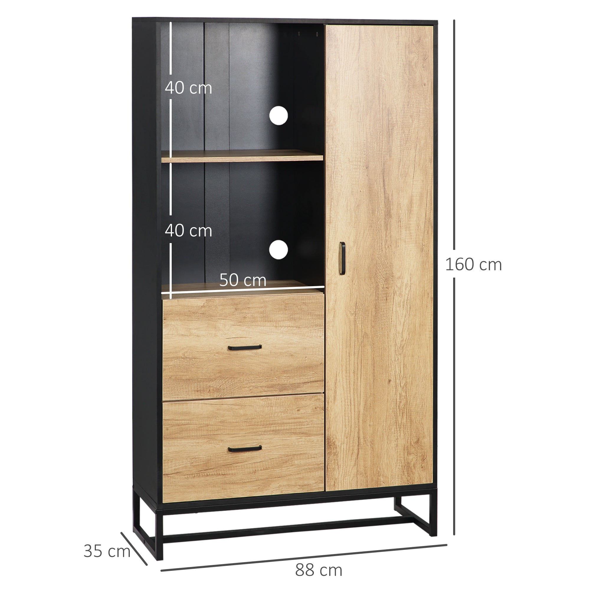HOMCOM Kitchen Cupboard, Freestanding Storage Cabinet with Soft Close Door, Microwave Stand with Adjustable Shelves and Drawers, for Living Room, Dining Room, 160cm, Natural and Black - North Peak Garden Furniture