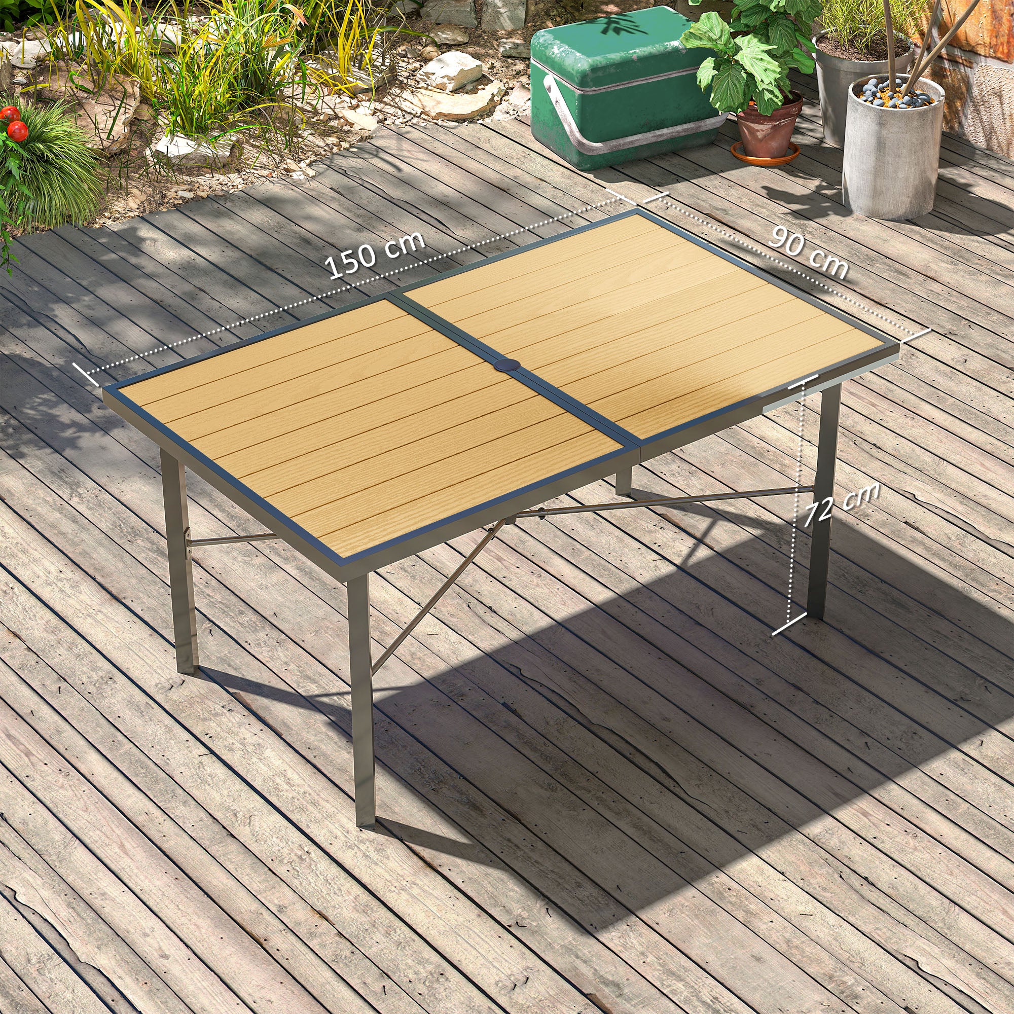 Outsunny Garden Table for 6, Outdoor Dining Table with 5cm Umbrella Hole, Wood Effect Top, Rust Resistant Frame, for Patio, Balcony, Terrace, 150 x 90 cm - North Peak Garden Furniture