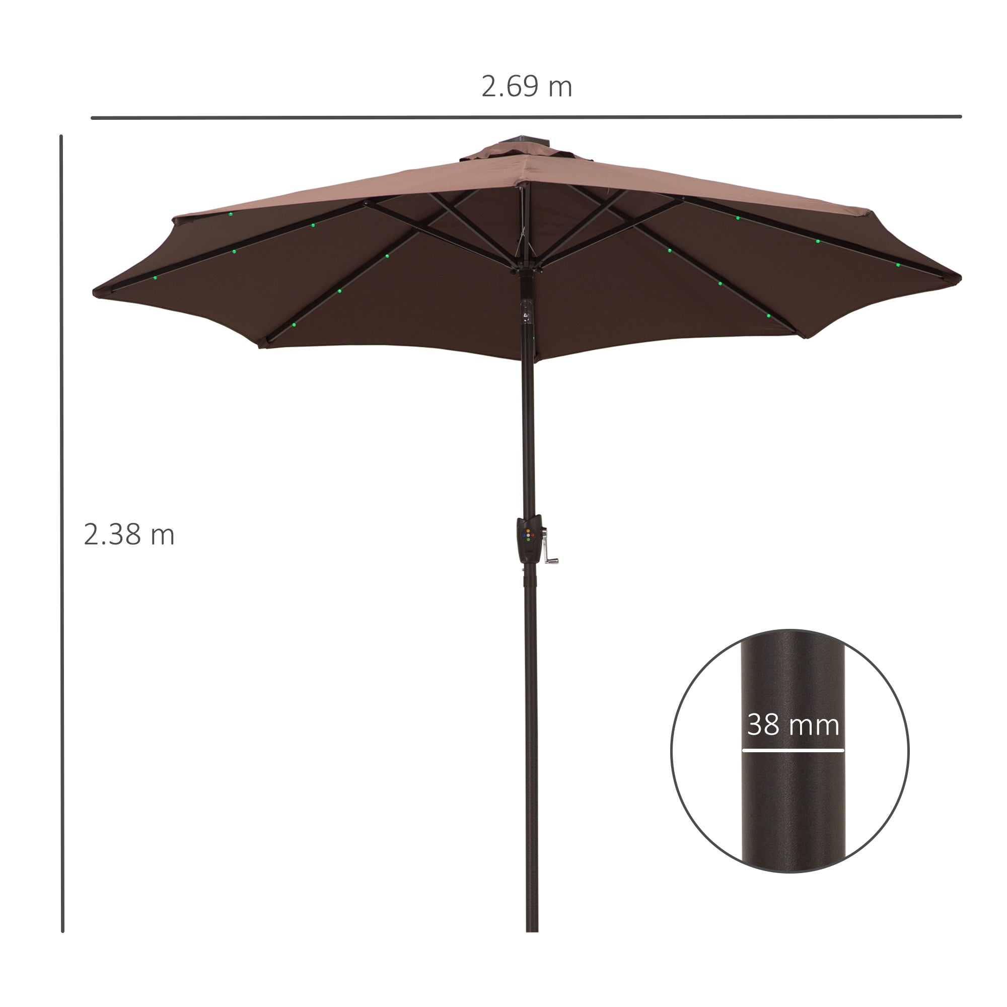 Outsunny Φ2.7m Garden 24 LED Light Parasol Solar Outdoor Tilt Sun Umbrella Patio Club Party Event Manual Sun Shade w/ Hand Crank and 8 Ribs, Brown