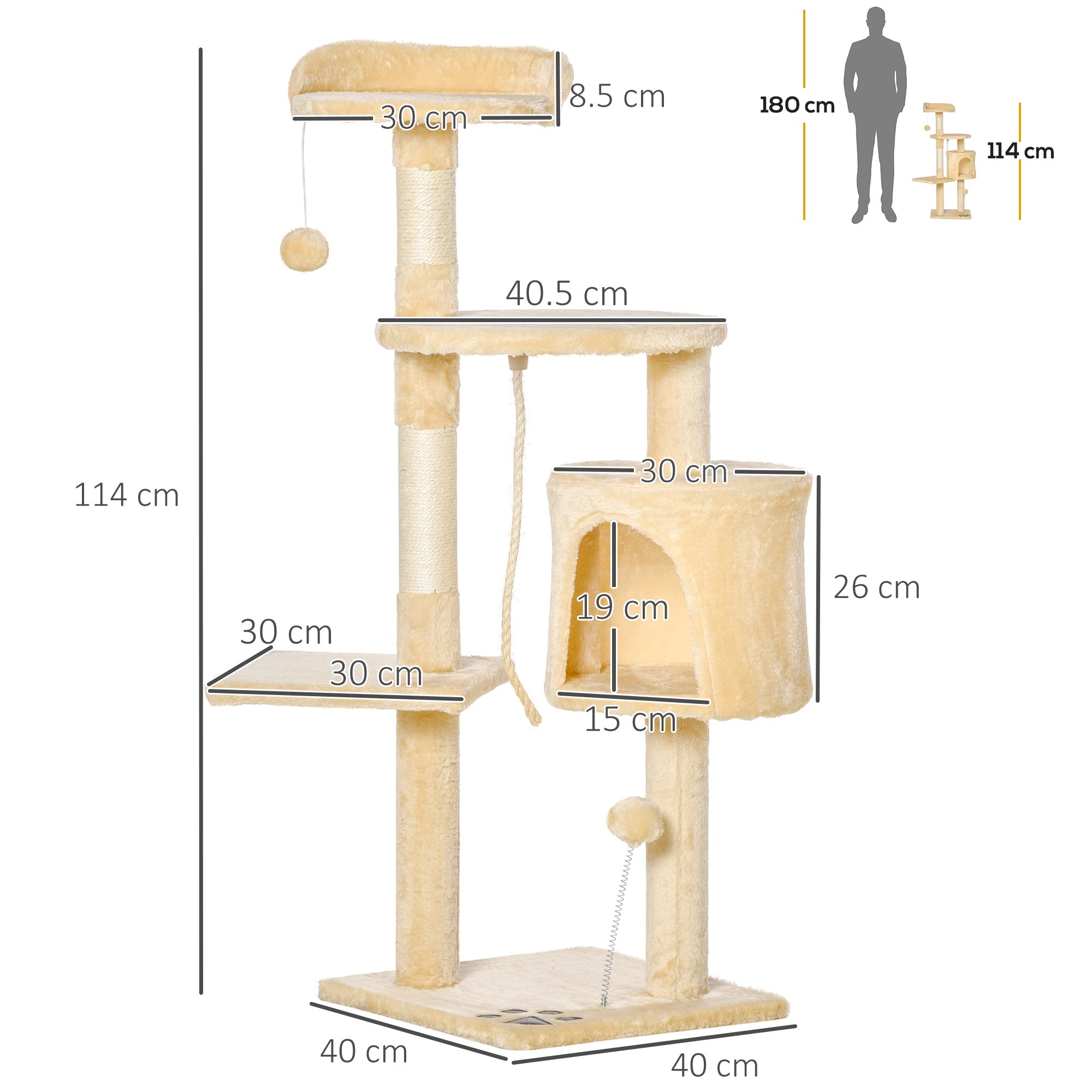 PawHut Cat Tree for Indoor Cats Pet Activity Centre Kitty Condo Climbing Scratching Post with Toys 4-tier 114cm Tall Beige - North Peak Garden Furniture