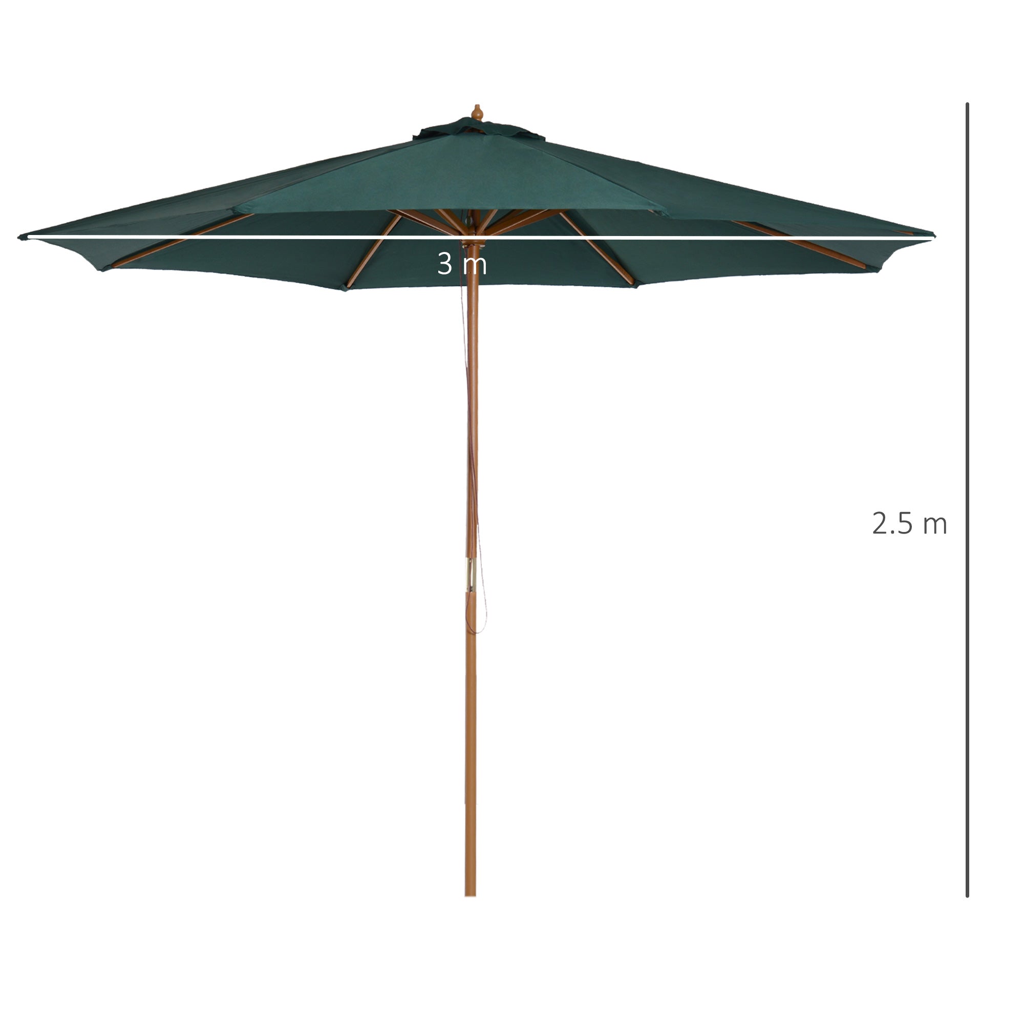 Outsunny 3(m) Wooden Patio Umbrella, Pulley Operated Garden Parasol with Rope Pulley Mechanism and 8 Ribs, Dark Green - North Peak Garden Furniture