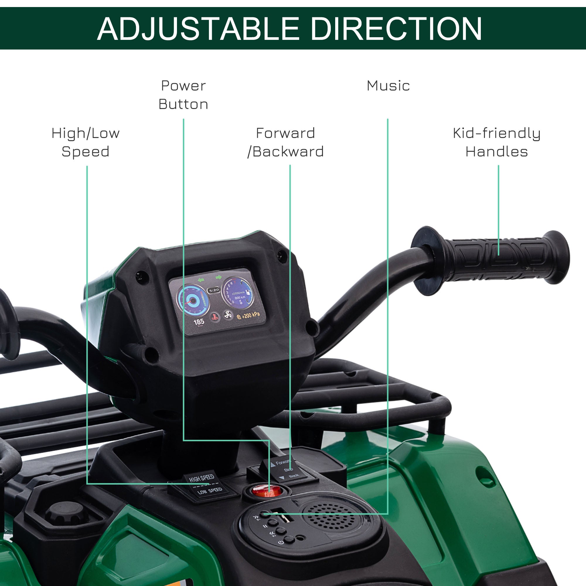 HOMCOM 12V Kids Quad Bike with Forward, Reverse Functions, Ride-On ATV w/ Music, LED, Headlights, for Ages 3-5 Years - Green - North Peak Garden Furniture