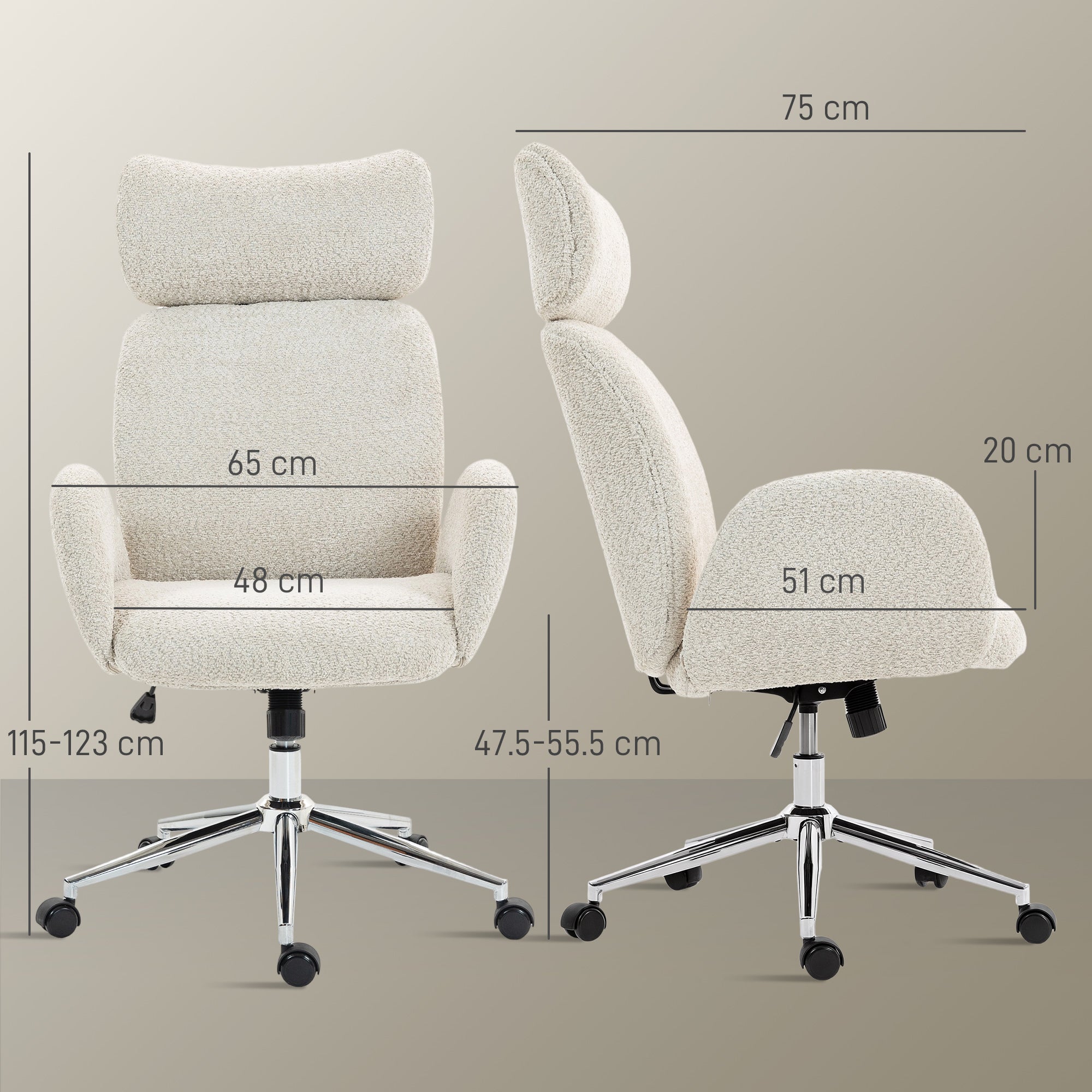 HOMCOM Office Chair with Adjustable Headrest, Spring Pack, Curved Line, Boucle Fabric - Pale Grey