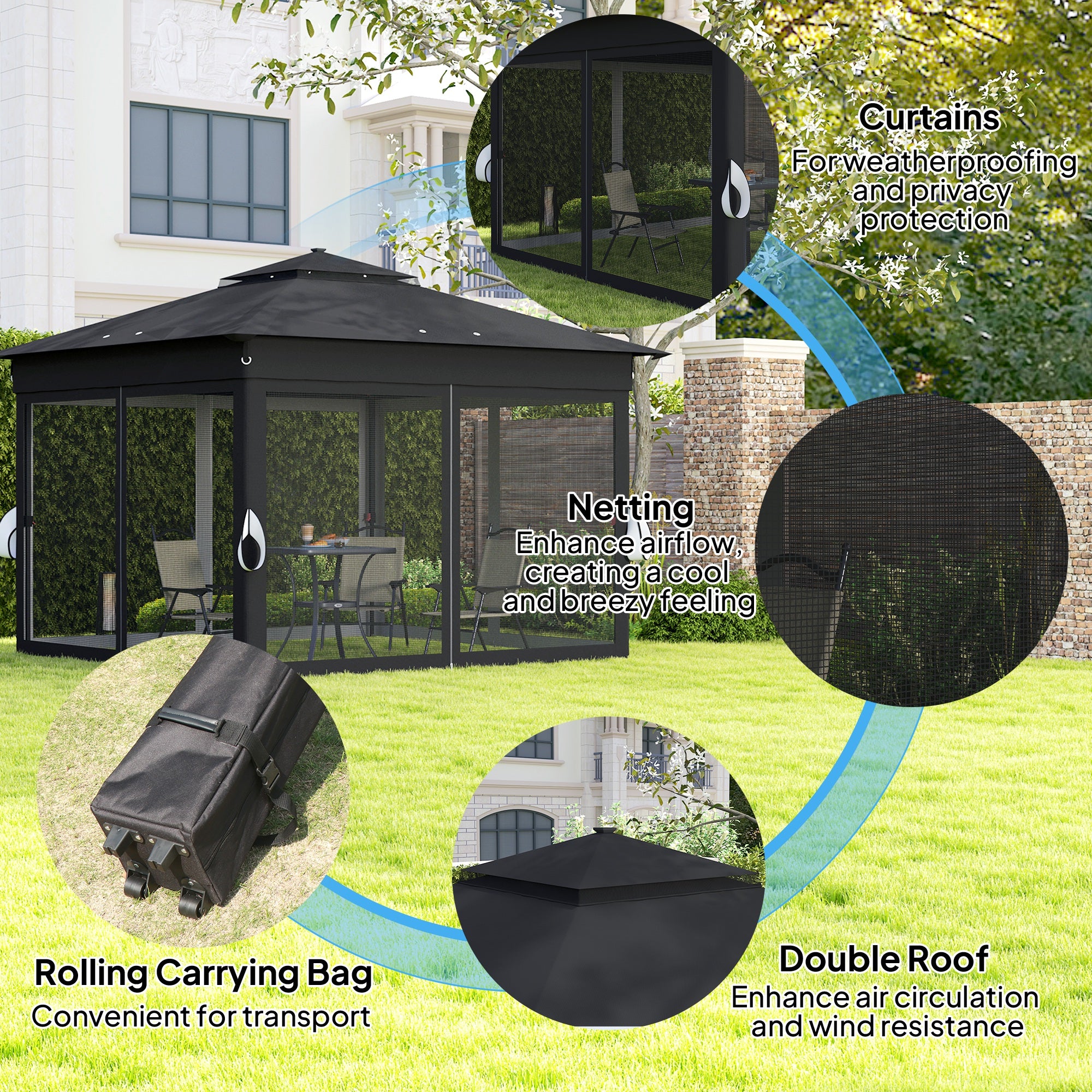 Outsunny 3 x 3(m) Pop Up Gazebo Party Tent with Solar-Powered LED Lights, Adjustable Event Shelter with Netting, Black - North Peak Garden Furniture