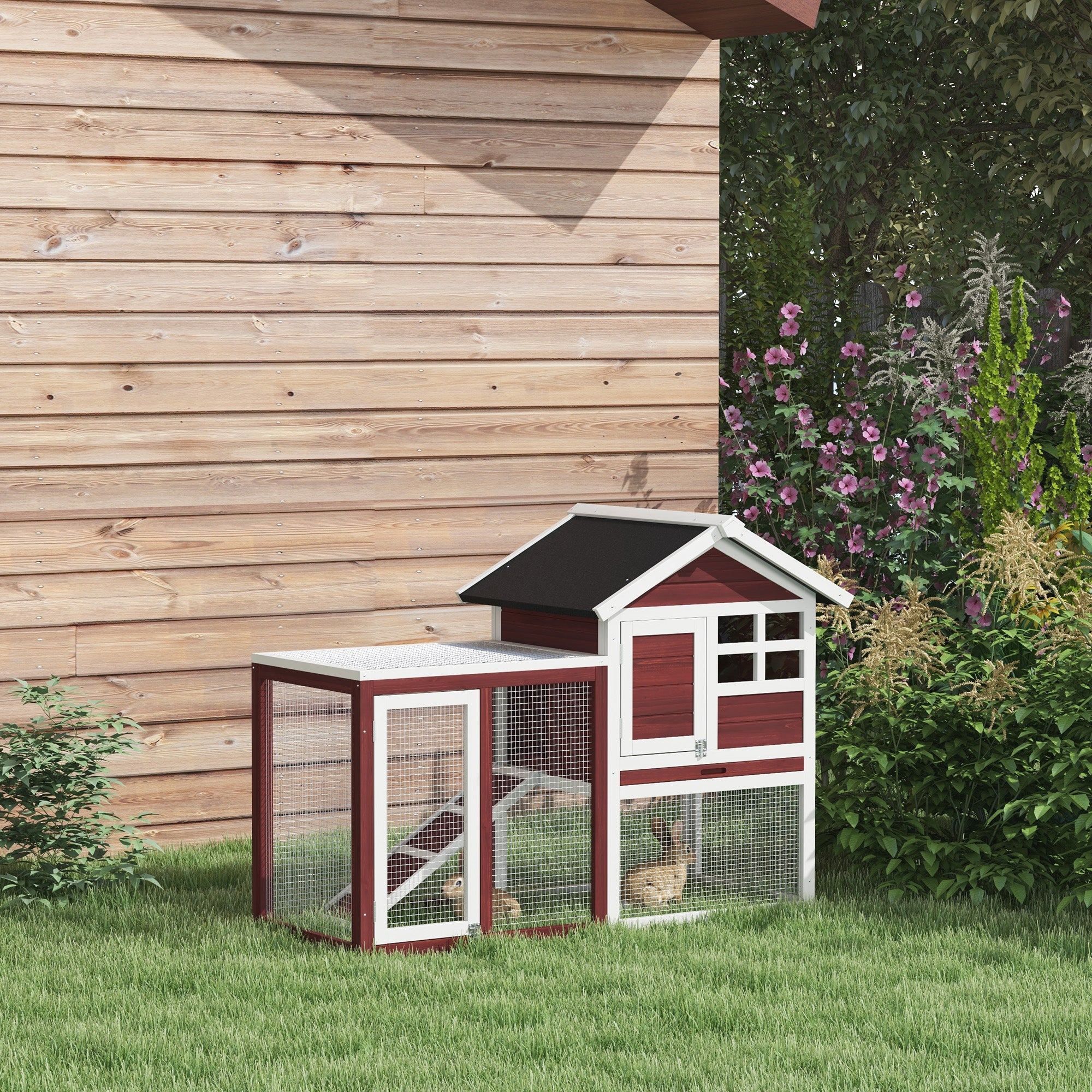 PawHut Rabbit Hutch Outdoor Wooden Guinea Pig Hutch Rabbit Run Bunny Cage Small Animal House Pull-Out Tray, Brown, 122 x 62.6 x 92 cm - North Peak Garden Furniture