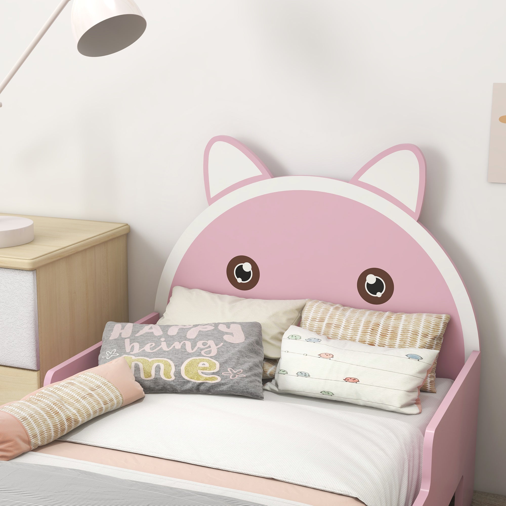 ZONEKIZ Bed for Kids Cat Design Toddler Bed Frame Bedroom Furniture with Guardrails, for 3-6 Years, 143L x 74W x 72Hcm - Pink - North Peak Garden Furniture