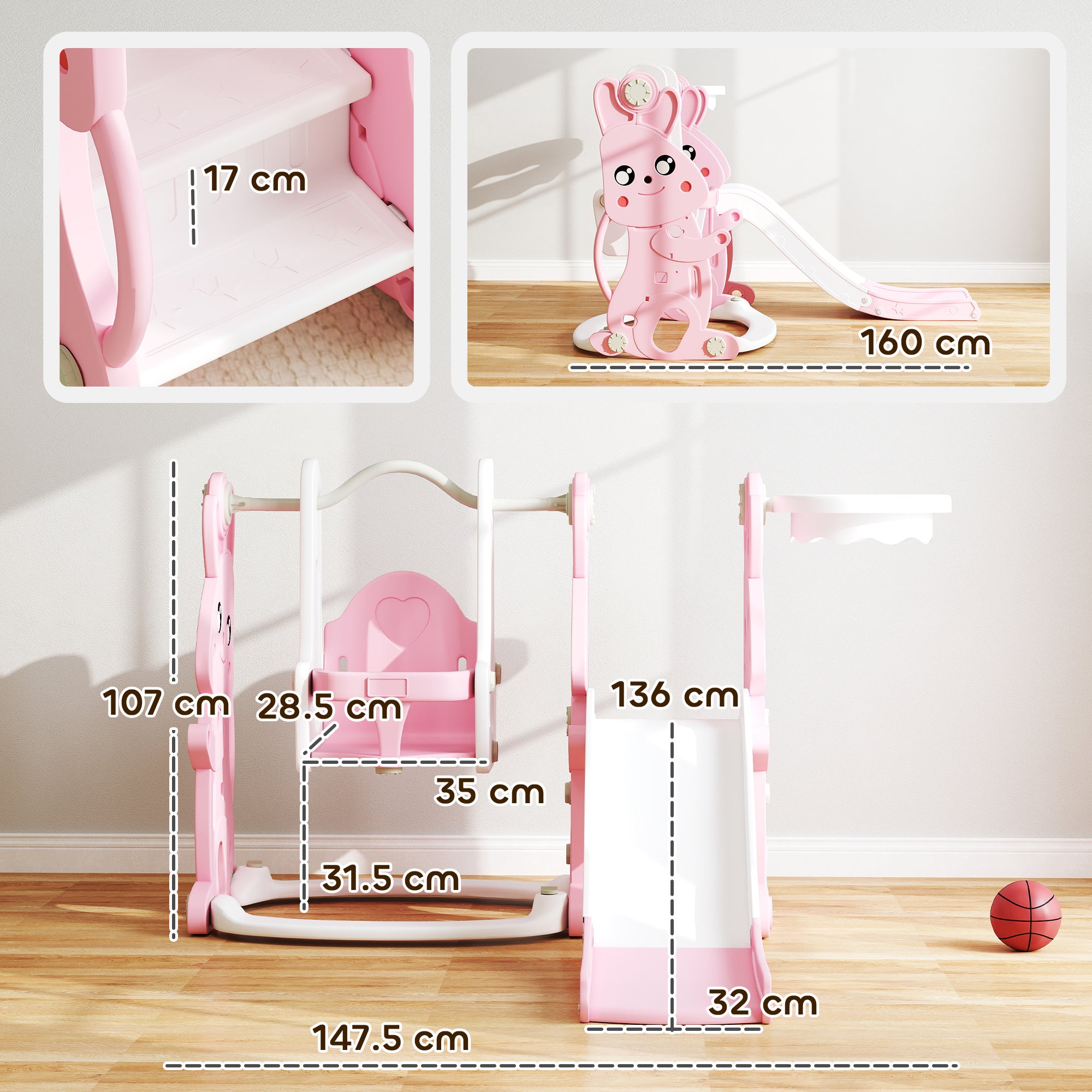 AIYAPLAY 4 in 1 Kids Slide and Swing Set with Climber, Basketball Hoop, Rabbit-Themed, Pink - North Peak Garden Furniture