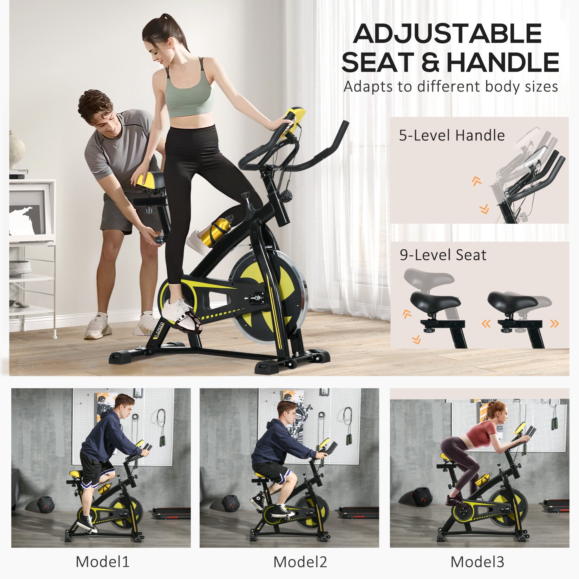 SPORTNOW Exercise Bike, Indoor Stationary Bike, Cycling Machine with Adjustable Seat and Resistance for Home Gym Workout, Yellow - North Peak Garden Furniture