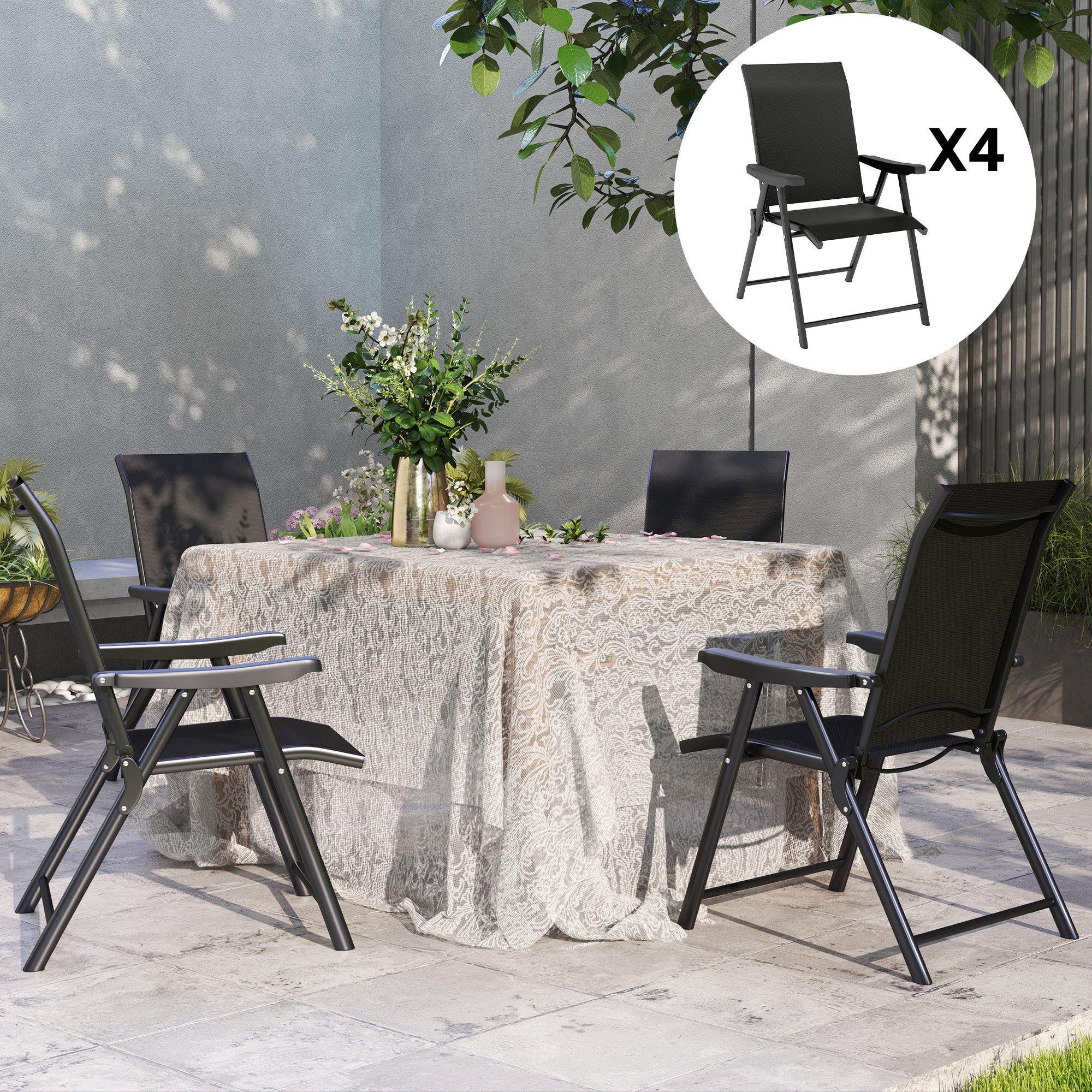 Outsunny Set of Four Folding Outdoor Chairs - Black