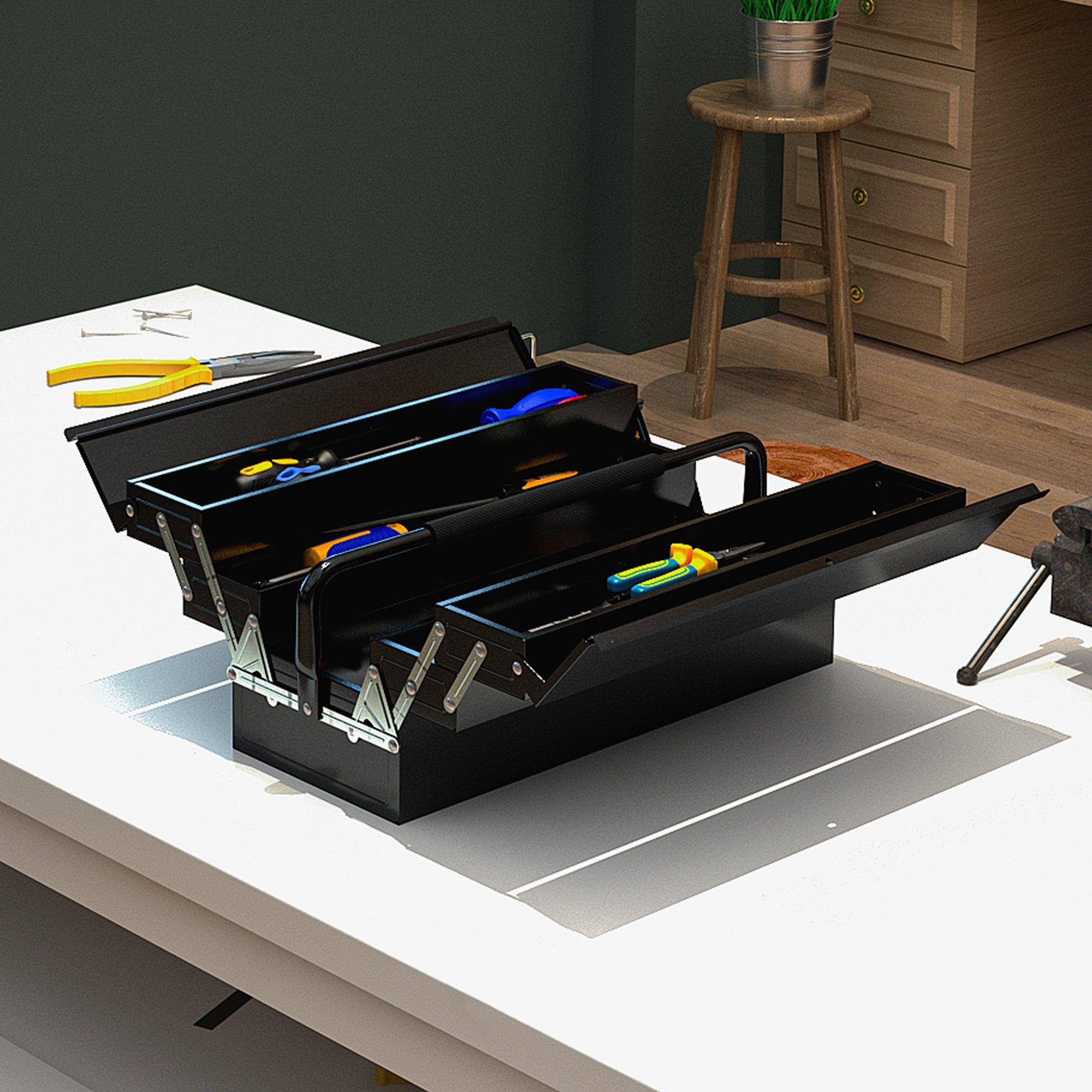 DURHAND 3 Tier Metal Toolbox, 5 Tray Professional Portable Tool Box with Carry Handle for Workshop, 56cmx20cmx34cm, Black - North Peak Garden Furniture