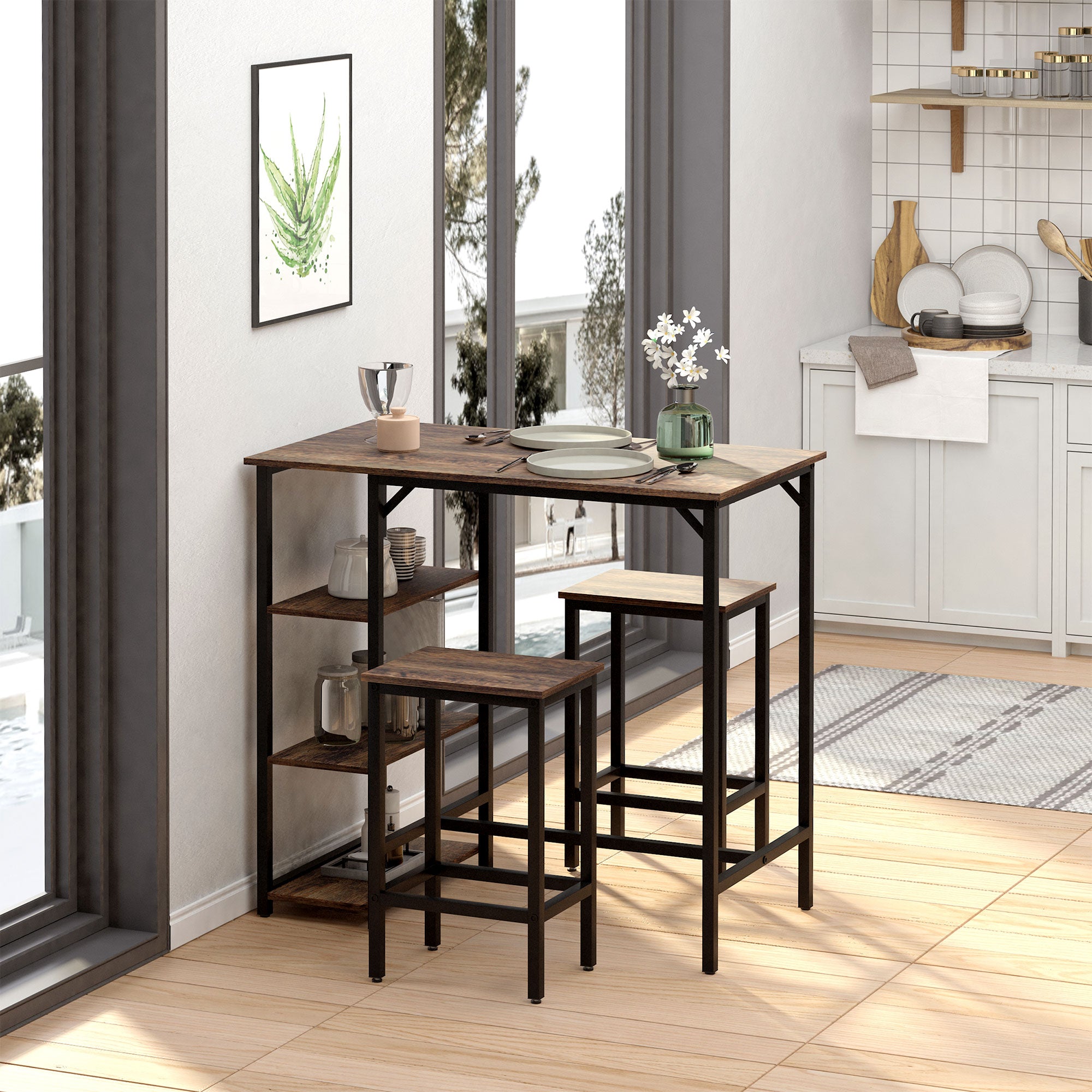 HOMCOM Industrial Bar Height Dining Table Set With 2 Stools & Side Shelf, 3 Pieces Coffee Table for Dining Room, Kitchen, Dinette - North Peak Garden Furniture