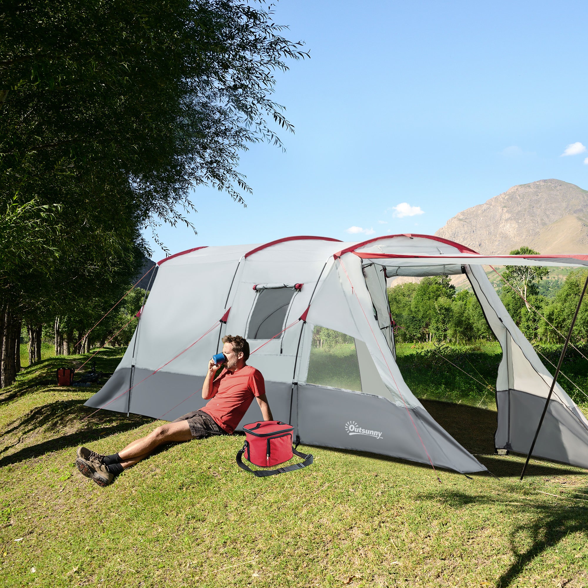 Outsunny 6-8 Person Tunnel Tent, Camping Tent with Bedroom, Living Room, Sewn-in Floor, 3 Doors and Carry Bag, 2000mm Water Column for Fishing, Hiking, Sports, and Traveling, Grey - North Peak Garden Furniture
