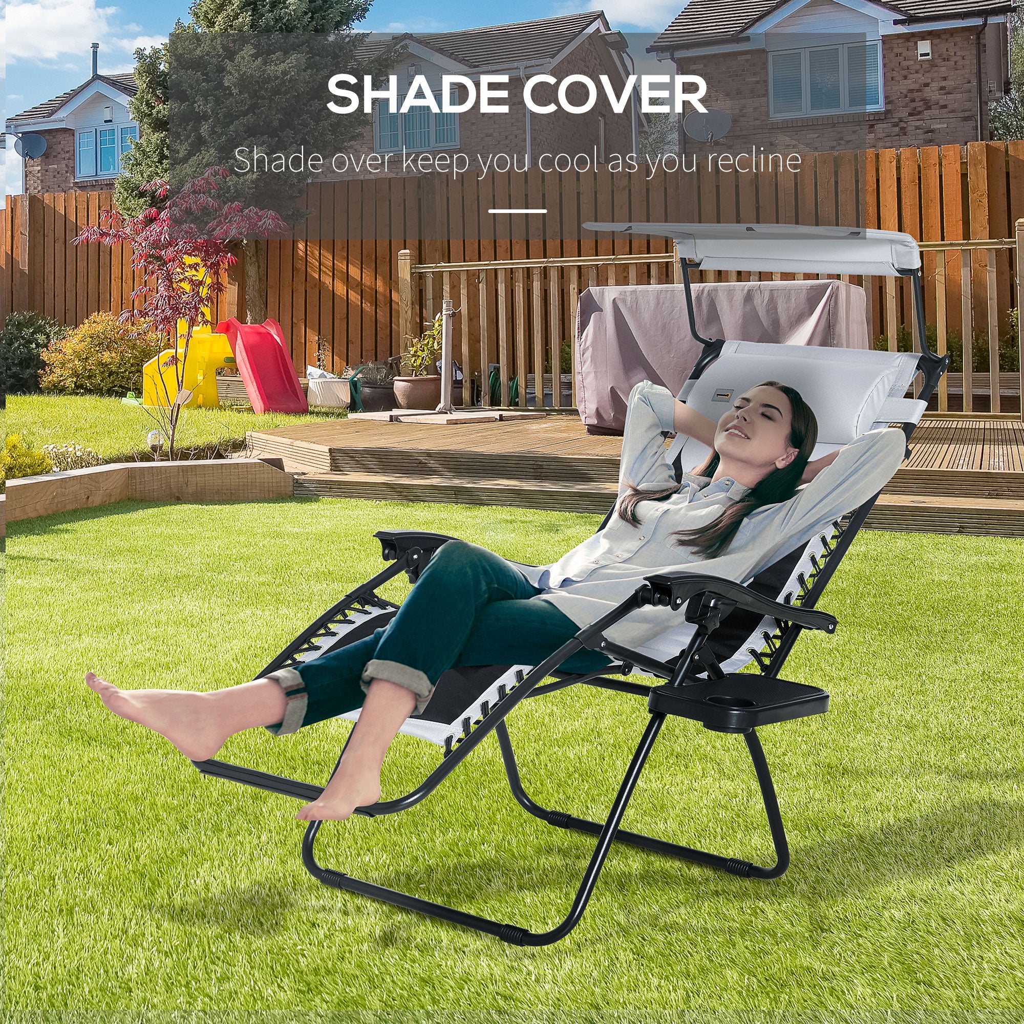 Outsunny Zero Gravity Lounger Chair, Folding Reclining Patio Chair with Shade Cover, Cup Holder, Soft Cushion and Headrest for Poolside, Camping, Grey - North Peak Garden Furniture